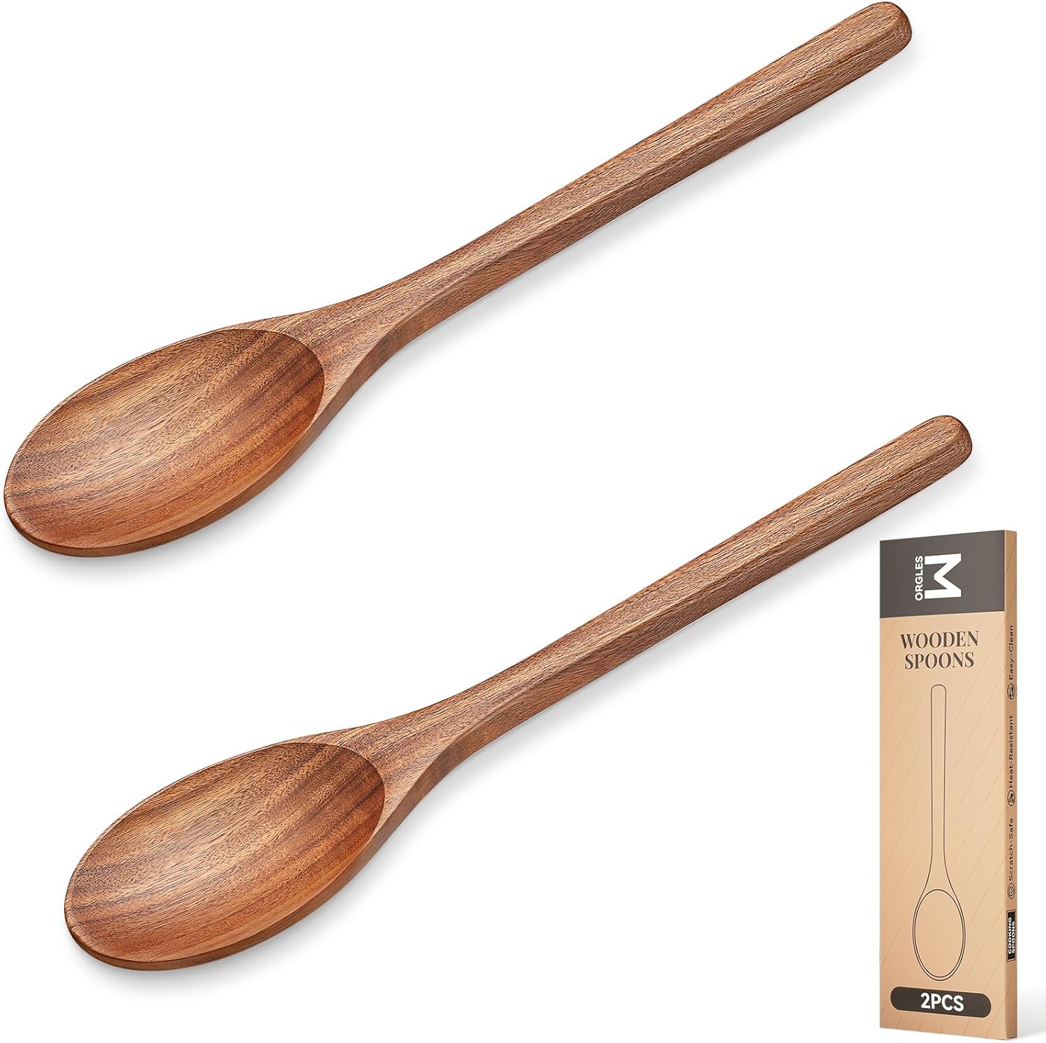 MORGLES 2PCS Wooden Cooking Spoons, 12 Inch Acacia Wood, Handcrafted, Non-Scratch for Nonstick Cookware, Heat Resistant Utensils