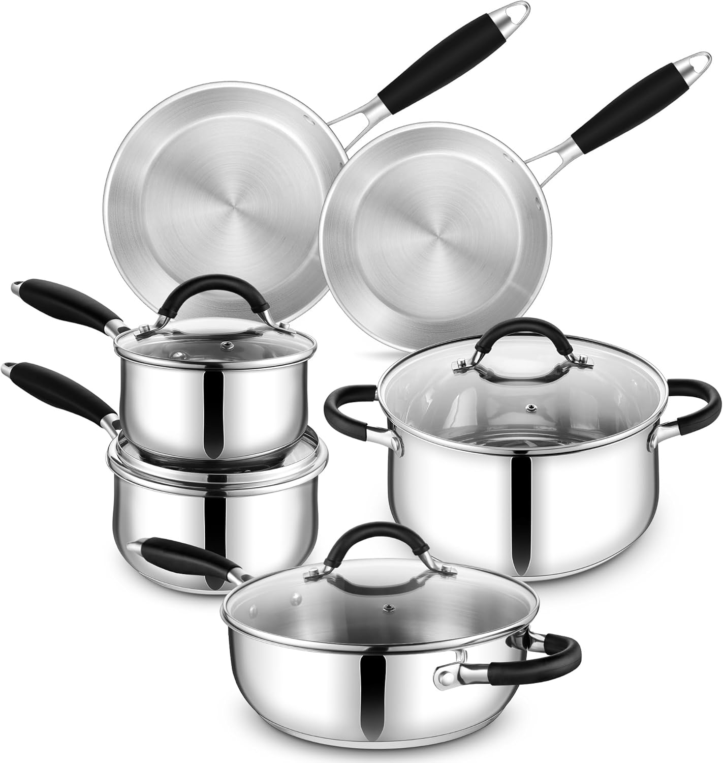 E-far Stainless Steel Cookware Set – Induction Tri-Ply Base Pots and Pans, 10-Piece Non-Toxic Kitchen Cooking Set w/Stay-Cool Handle, Frying Pans, Saucepans, Stockpot with lid, Oven & Dishwasher Safe