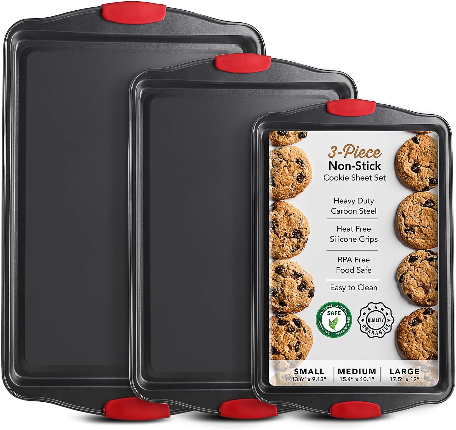 Baking Sheet Set, 3-Piece Cookie Sheet Set with Silicone Handles, Steel Baking Pans Set, Durable Baking Sheets for Oven, BPA Free Cookie Sheets for Baking Nonstick Set, Sheet Pan – Black Baking Pan