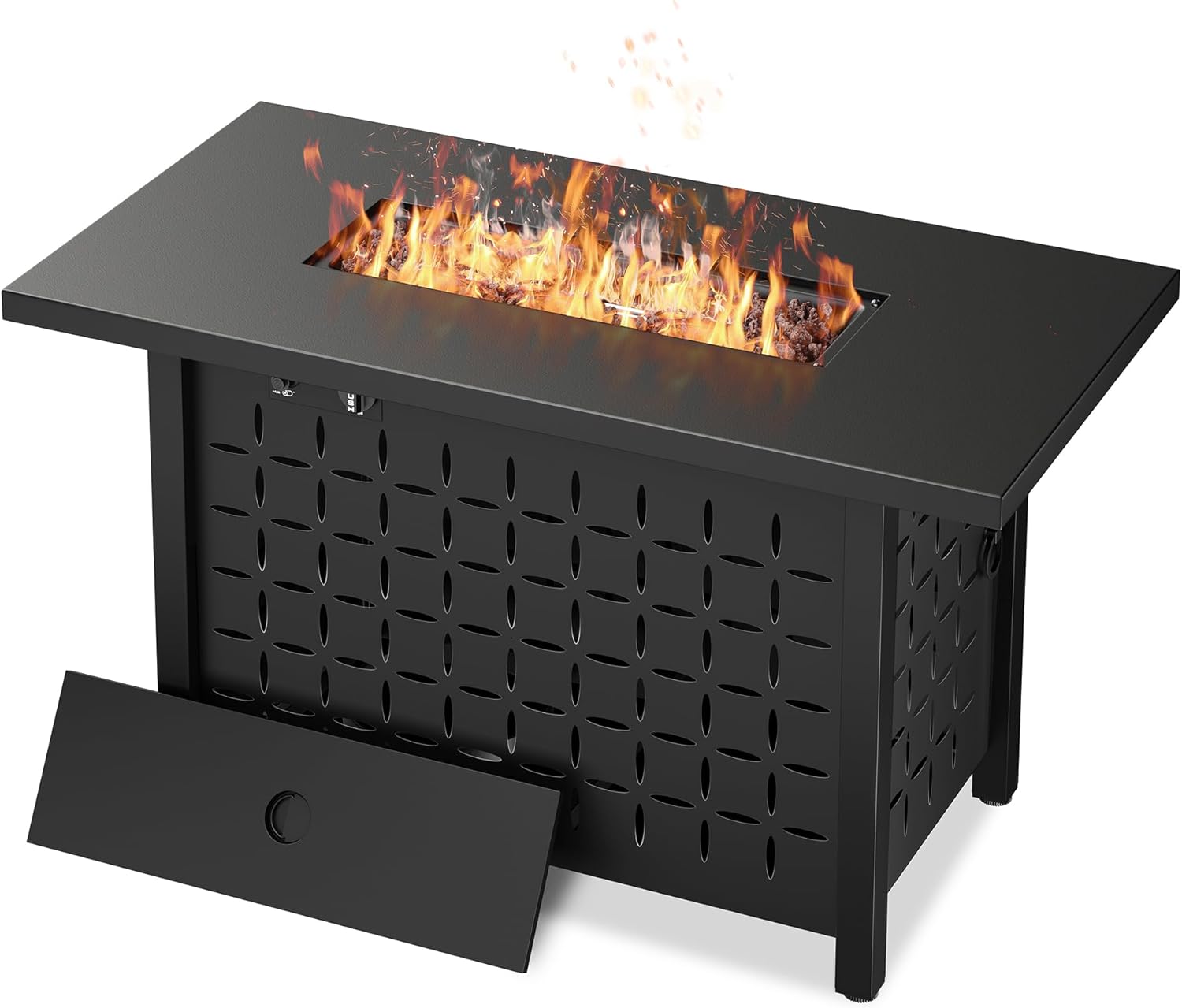 Vongrasig 43″ Gas Fire Pit for Outside, 50,000 BTU Outdoor Propane Fire Pit Table with Lid & Lava Rock, Steel Rectangular Fire Table for Patio, Backyard, Deck, Garden, Black