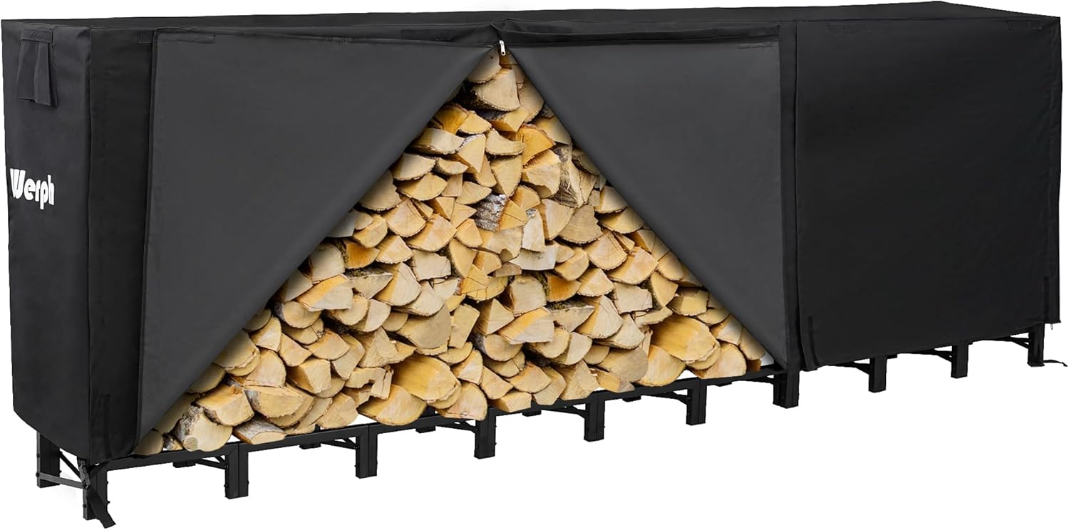 Werph 12FT Firewood Rack Outdoor,Heavy Duty Firewood Storage Rack,Outdoor Firewood Rack with Cover,Wood Rack Log Rack for Outdoor & Indoors, Black