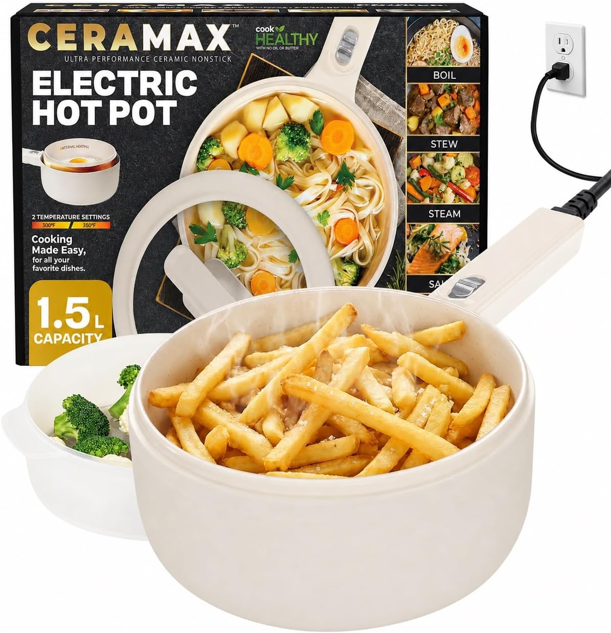 CERAMAX PRO Electric Hot Pot with Lid & Steamer, 1.5L Non Toxic Ceramic Cooker Skillet for Ramen, Eggs, Pasta for Dorms, Camping, RVs, Work, Adjustable Temp. – New Improved 2026 Model