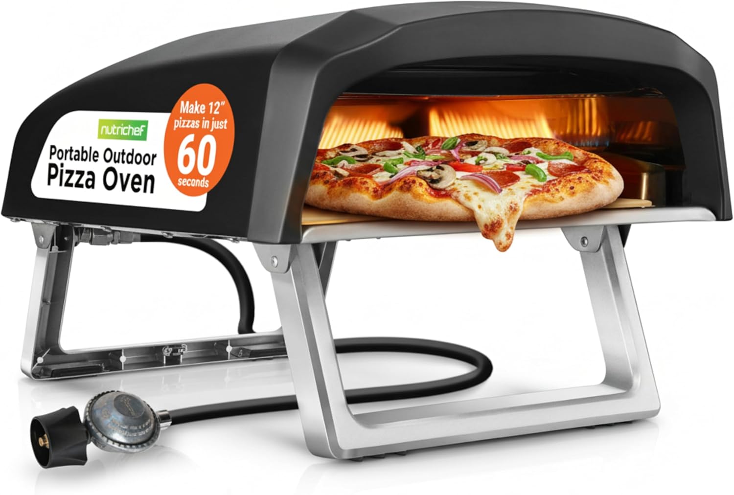 NutriChef Portable Outdoor Gas Pizza Oven – Unique Design, Easy Bake Oven with Pizza Stone, Foldable Feet, One-Touch Gas Ignition, Adjustable Heat Control, Stainless Steel, 932°F Max