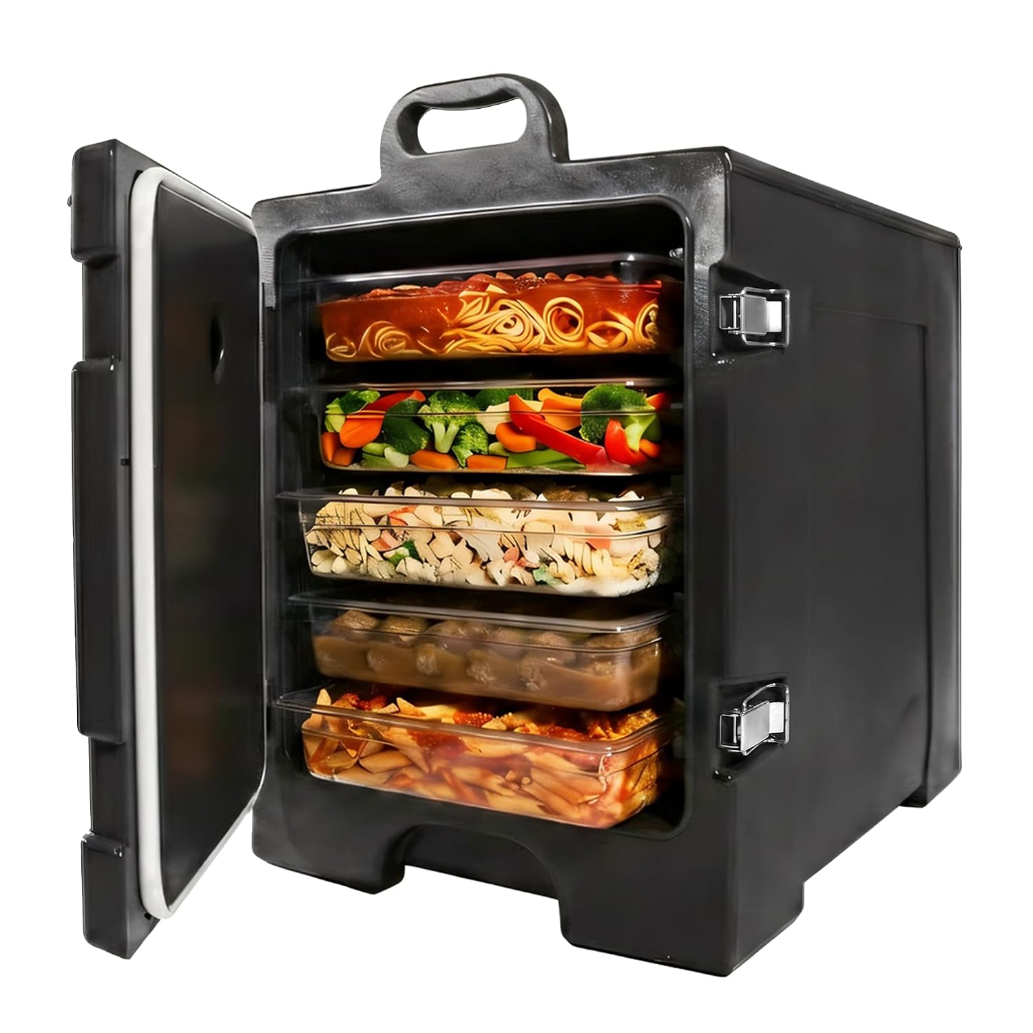 Pearington 85 qt. Commercial-Grade Insulated Food Pan Carrier for 5 Full-Size Pans, End-Loading Non-Electrical Stackable Hot Box Food Warmer with New Stainless Steel Latches, Black