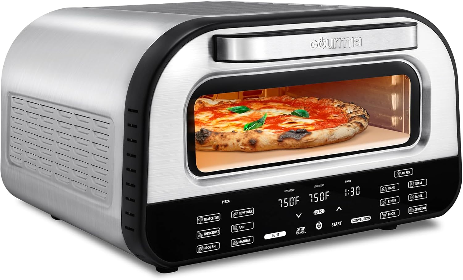 Gourmia Electric Indoor Pizza Oven – Countertop Air Fryer Toaster Oven Combo with 6 Pizza Presets, 7 Cooking Functions, Air Fry, Broil & Bake, Includes Cordierite Pizza Stone, Stainless Steel