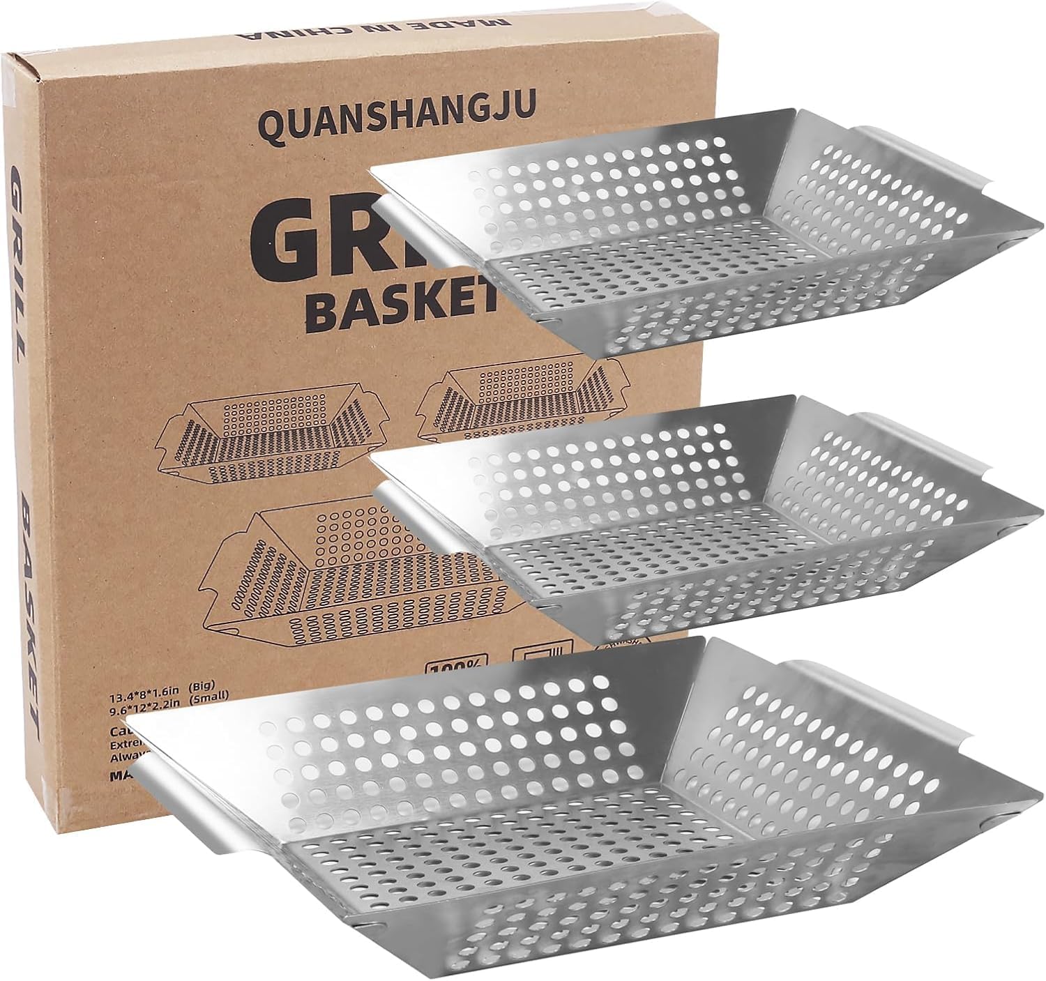 Vegetable Grill Basket for Outdoor Grill – Extra Large, Heavy-Duty Stainless Steel Veggie Grilling Basket with Handles (3Pack)