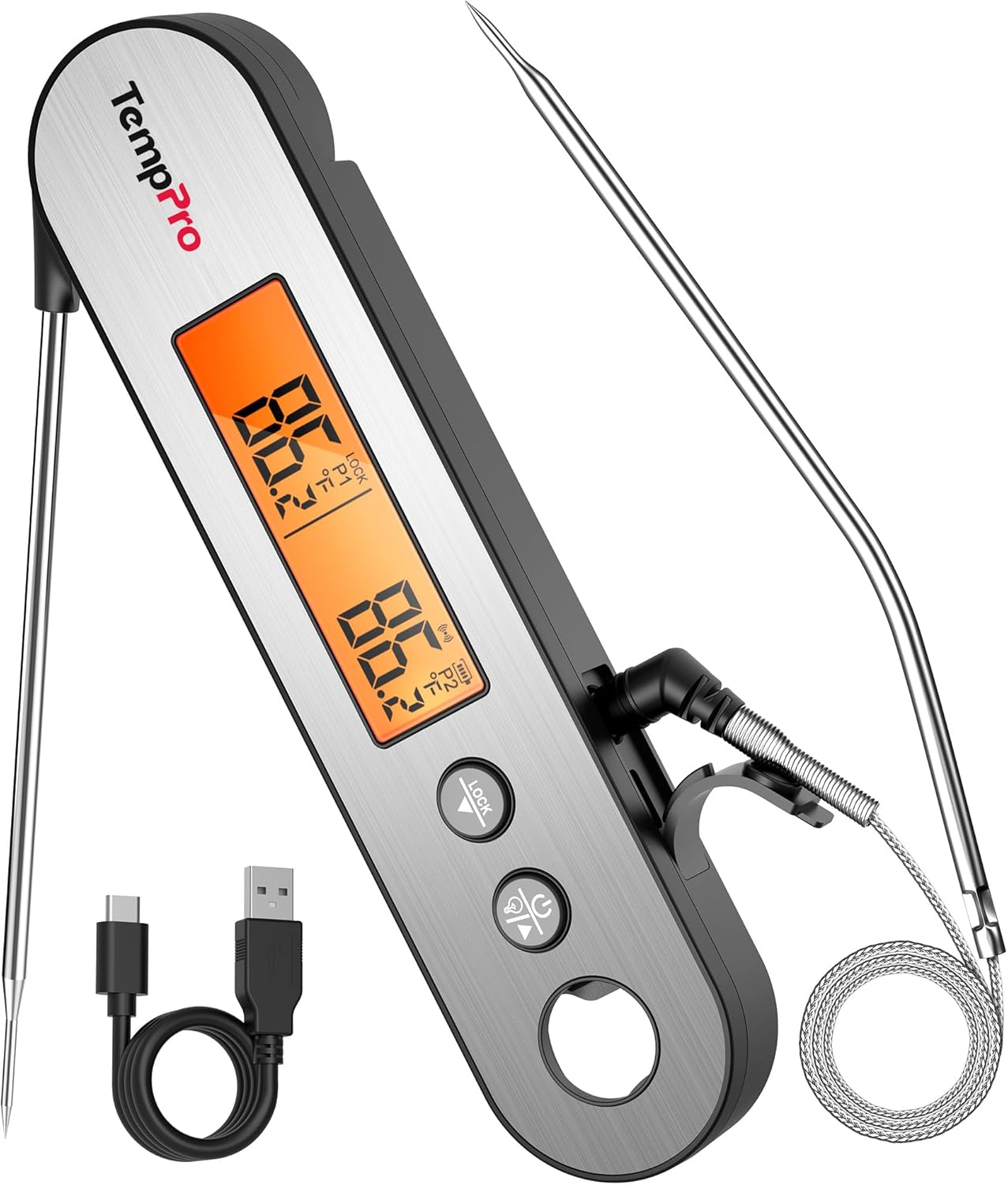 TempPro TP610 Rechargeable Instant Read Meat Thermometer with Foldable Probe & Wired Leave-In Probe, Waterproof Cooking Thermometer with Alarm & Backlit for BBQ Grill Smoker Oven(Previously ThermoPro)