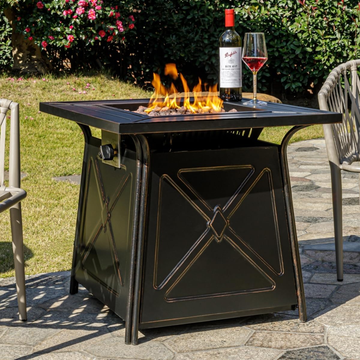 OutVue 28 inch Propane Fire Pit Table,Gas Fire Pits Table for Outside,50000 BTU Propane Firepit with Lid &Lava Rocks,Gas Firepit for Garden,Yard (Black)