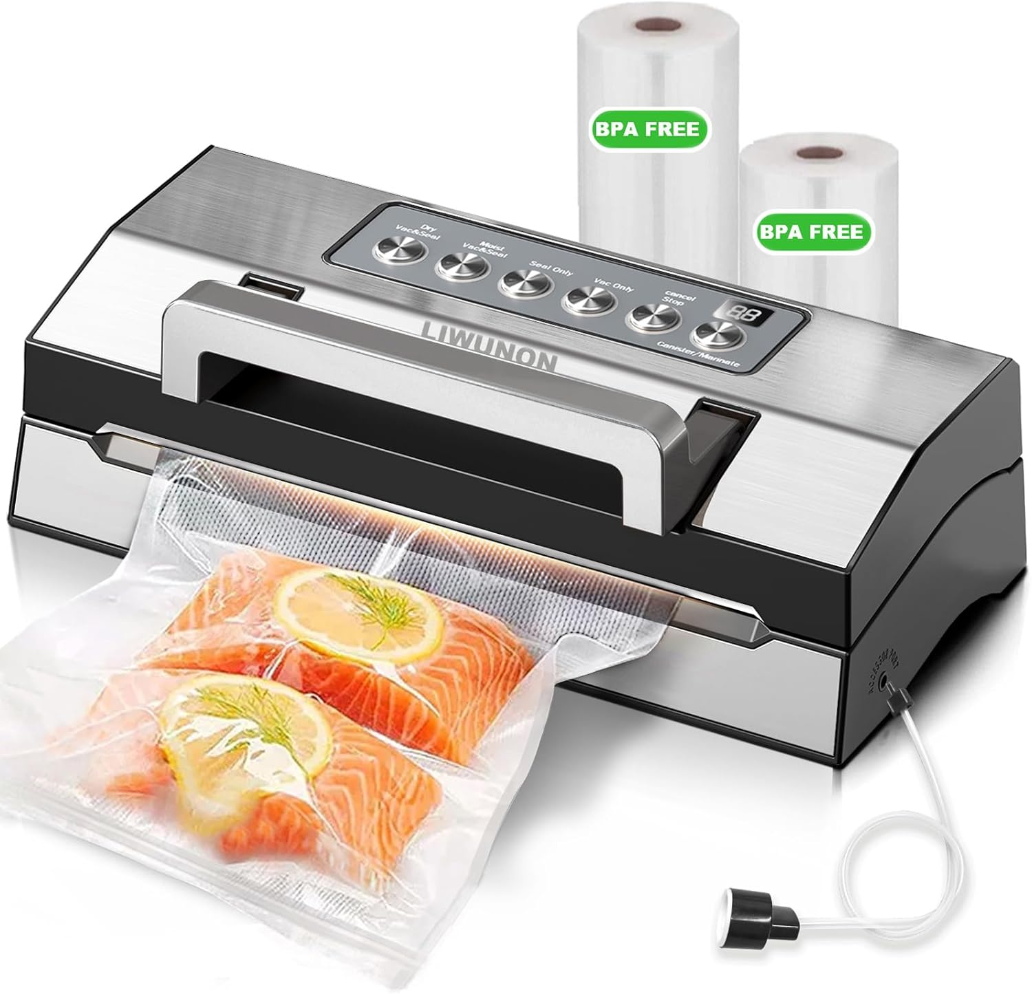 Upgraded Precision Fast-Vacuum Sealer, LIWUNON Commercial Full Automatic Food Vacuum Sealer Machine, Double Heat Seal, Built-in Cutter&Bag Storage, Powerful Food Vacuum Saver, 2 Bag Rolls&hose