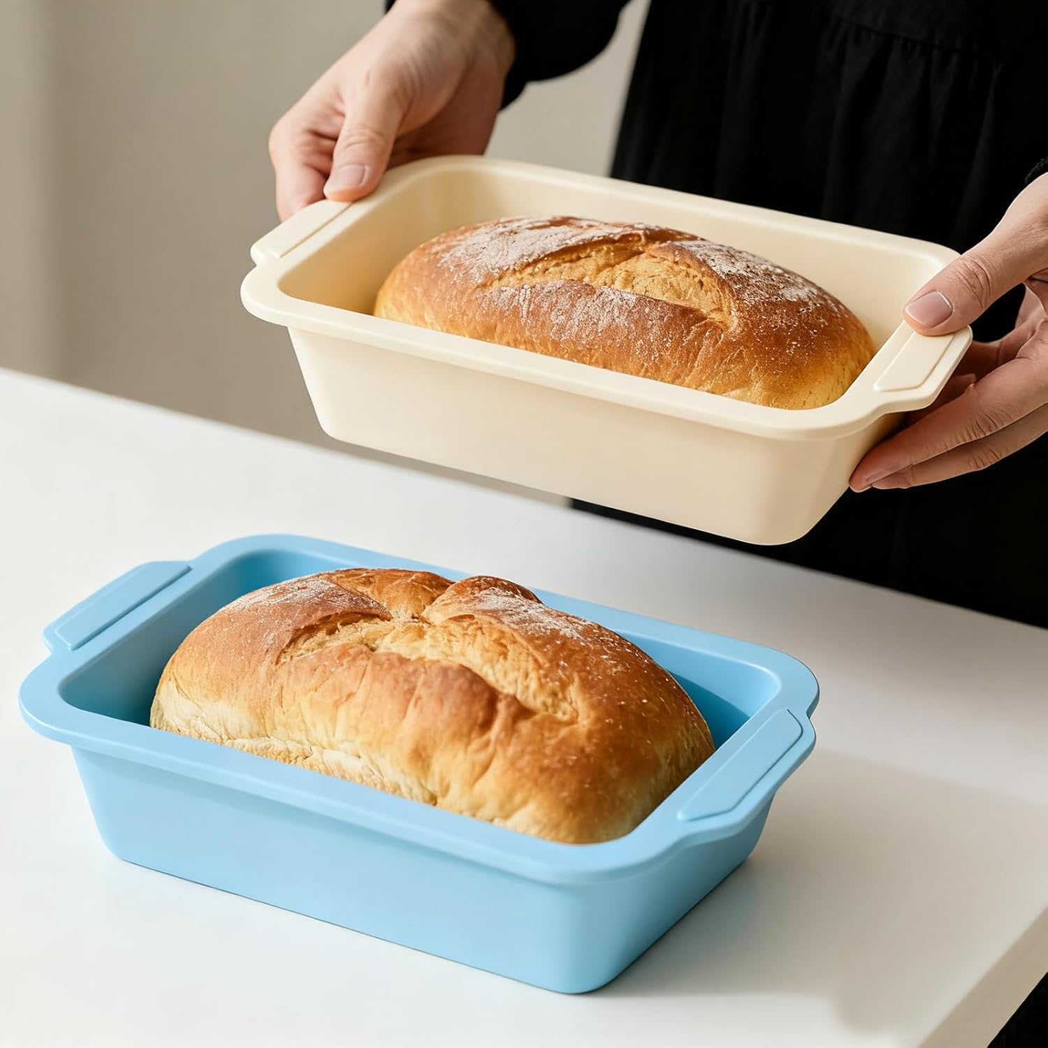 Nonstick Silicone Bread Loaf Pan: 9.5 x 5 Inch Bread Pan for Homemade Rye with Metal Frame – Loaf Mold for Baking Oven – Housewife Baker Home Baking Enthusiasts (Beige & Mint Green)
