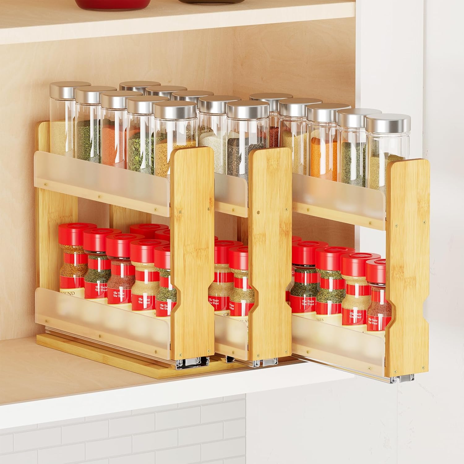 SpaceAid Bamboo Pull Out Spice Rack Organizer for Cabinet, Heavy Duty Slide Out Seasoning Kitchen Pantry Sliding Vertical Organization, 7.6″ Wide, 3 Drawers(2″ Wide), 2-Tier, Natural