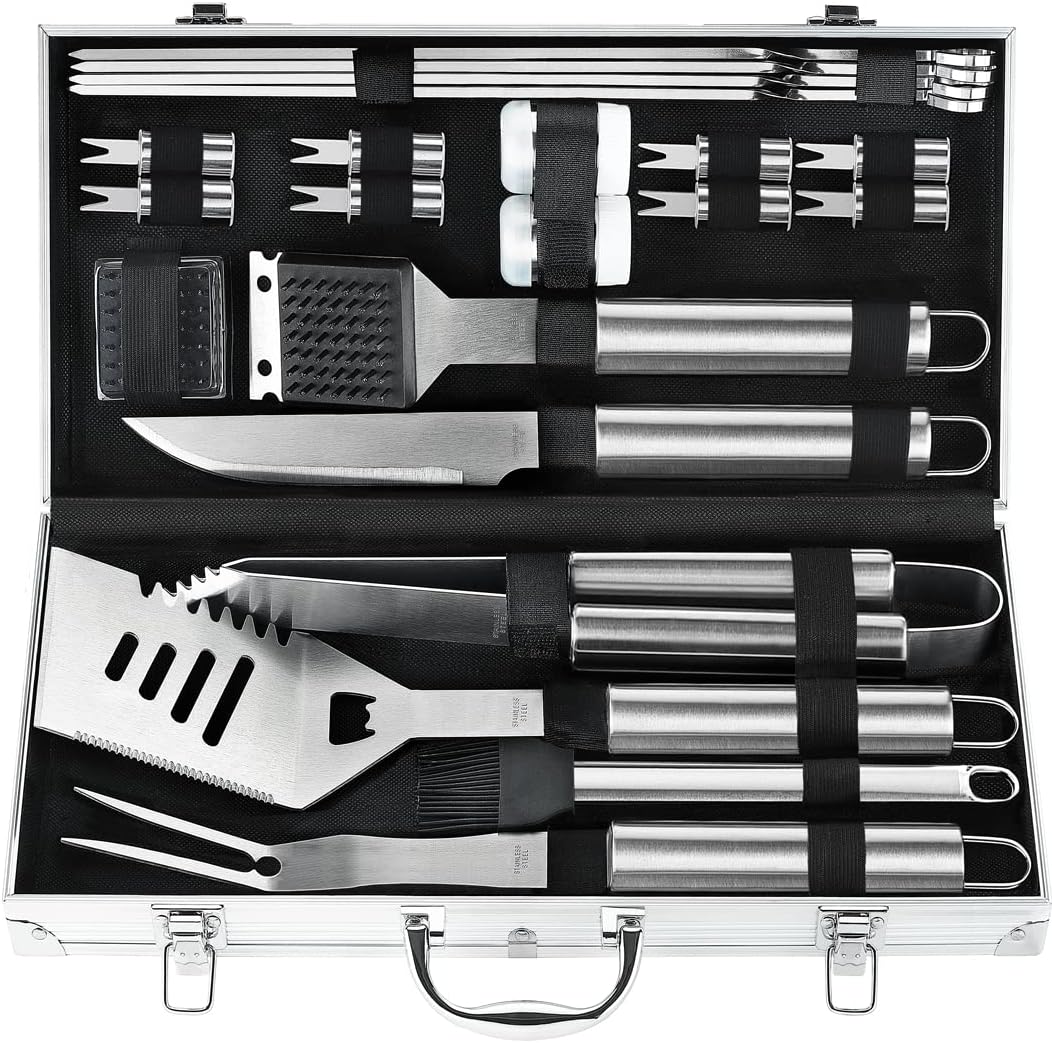 POLIGO 22PCS Heavy Duty BBQ Grill Accessories Set, Non-Slip Grill Tools for Outdoor Grill Set Stainless Steel Grill Utensils Set, Deluxe Grilling Tools Set in Aluminum Case Ideal Gifts for Men Silver