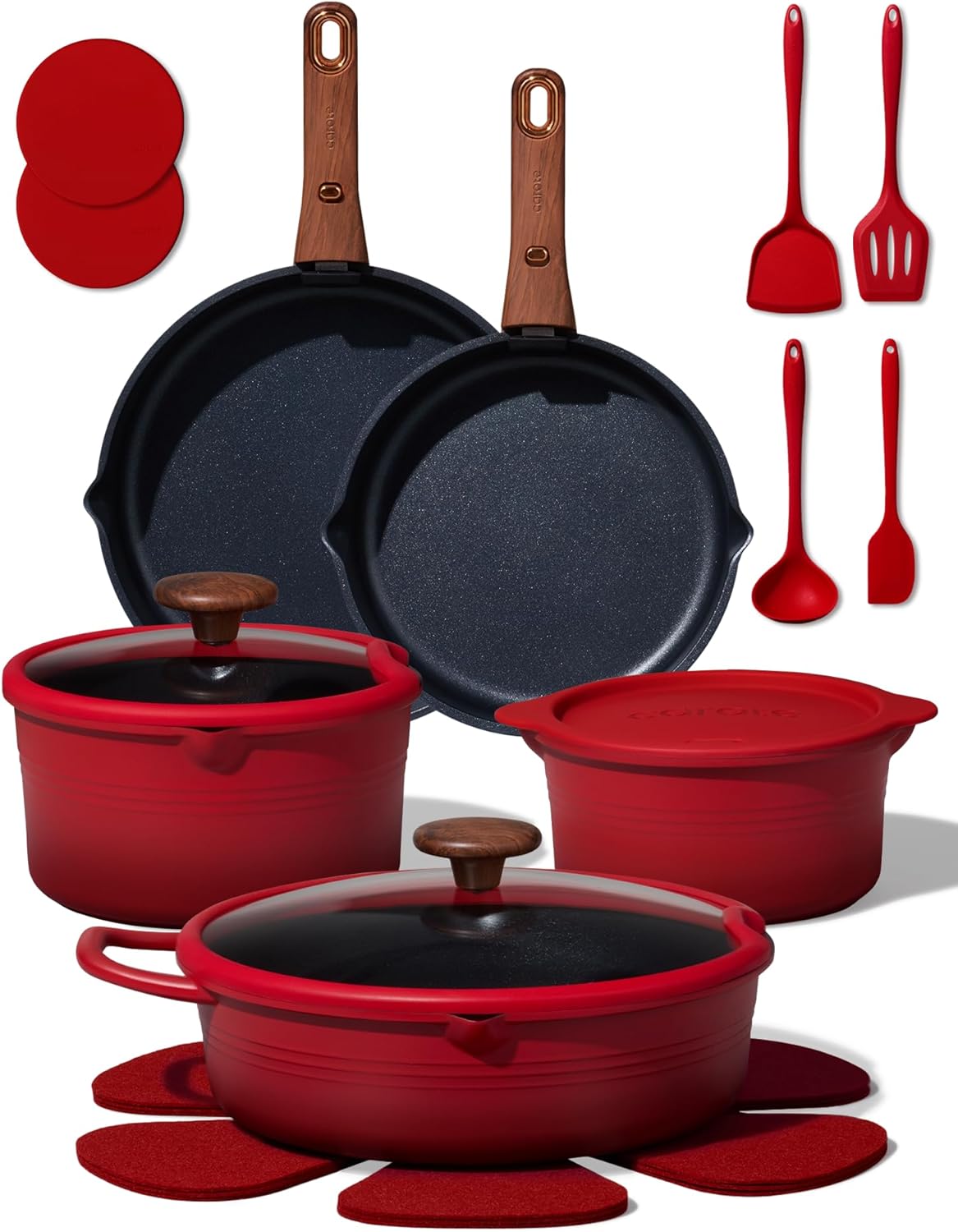CAROTE 20Pcs Titanium Cookware Set, Pots and Pans Set Non Stick, Kitchen Cooking Set with Detachable Handle, Non Toxic Induction Cookware – Camping Cookware, Dishwasher/Oven Safe, Red
