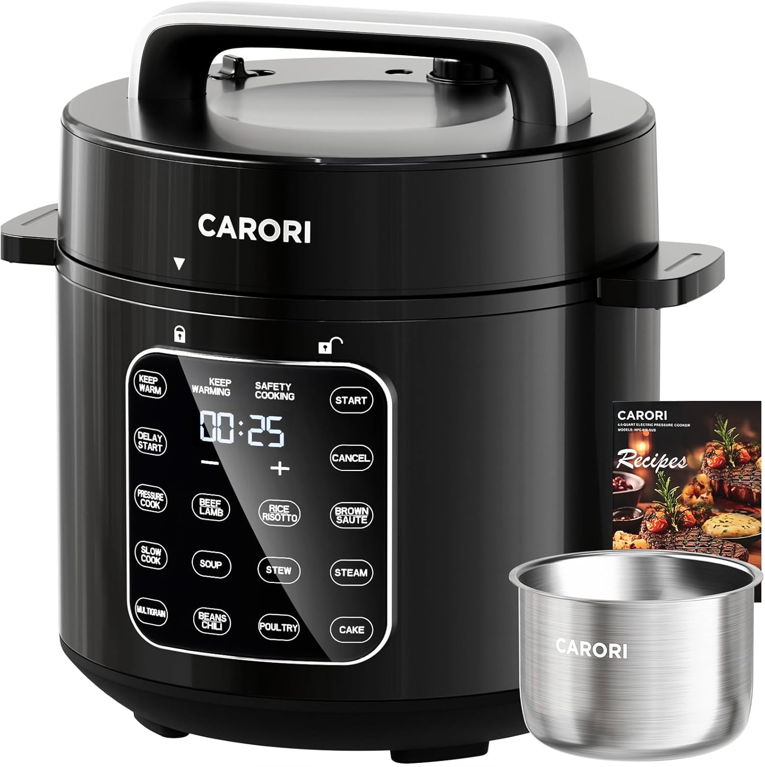 CARORI 6Qt 9-in-1 Electric Pressure Cooker,12 Presets – Quick Meals, Time-Saving, Healthy Dinner,Olla Presion, Electric Canner, Home Appliance, Small Appliance, (Black/SS)