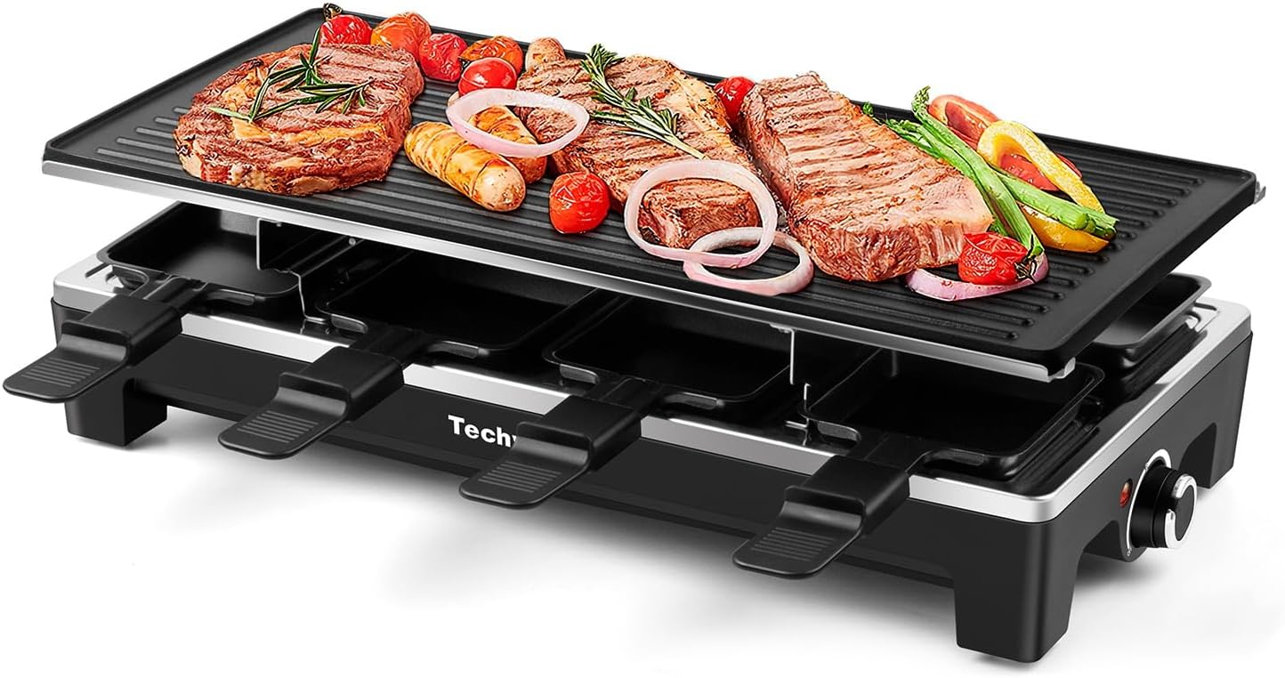 Raclette Grill, Techwood Electric Table Indoor Grill Korean BBQ Grill, Removable 2-in-1 Non-Stick Grill Plate, 1500W Fast Heating with 8 Cheese Melt Pans, Ideal for Parties and Family Fun