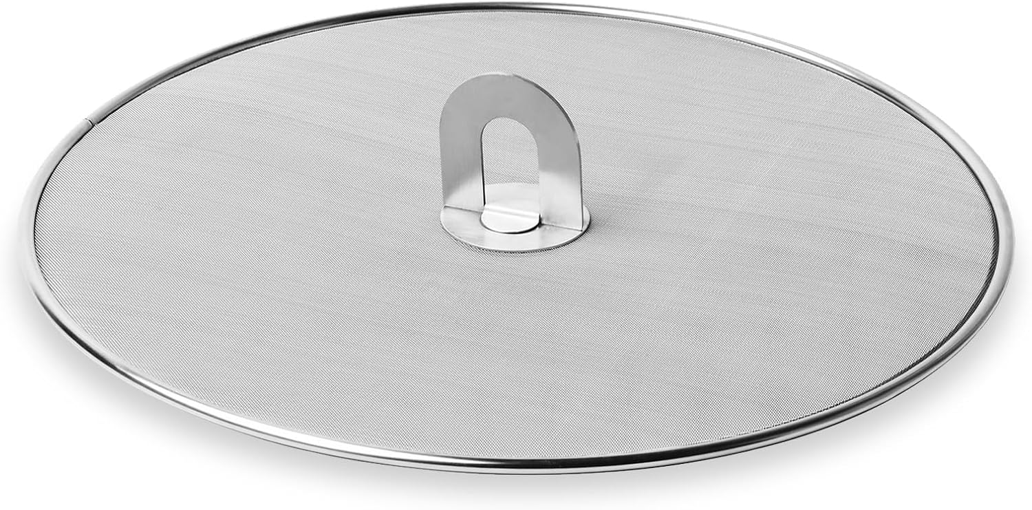 Homestia Splatter Screen for Kitchen, Stainless Steel Fine Mesh Splatter Screen for Frying Pan, 10” Grease Splatter Guard with Fold Flat Knob