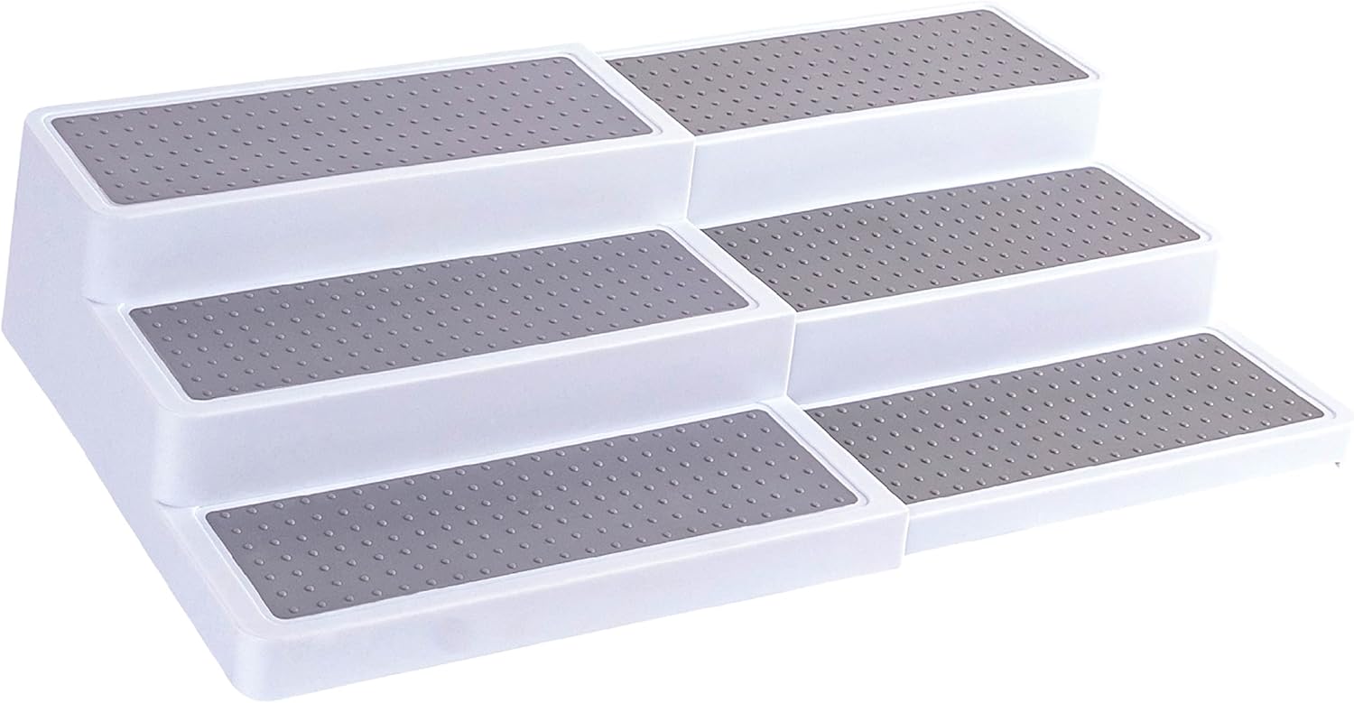 Oizeir 3–Tier Expandable Plastic Spice Rack – Adjustable Length, Stability with Non-Skid Shelf, Three Tiers for Easy Visibility, Organizer for Kitchen Cabinet, Pantry or Countertop, White/Grey