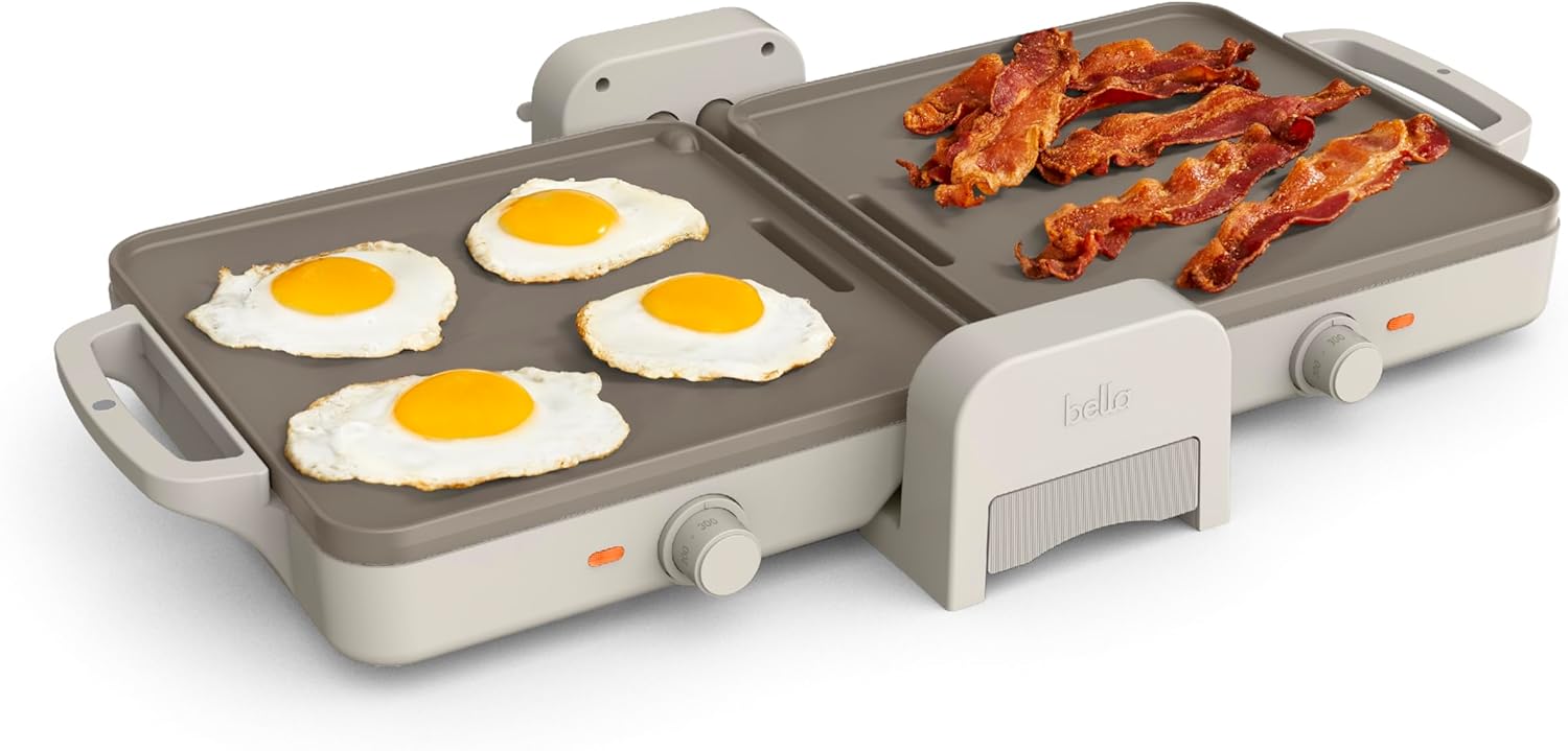 Bella 10″x 20″ Ceramic Fold-n-Store Dual Temp Griddle, Fits-anywhere Kitchenware, EverGood Ceramic Nonstick Coating, 2 Temperature Zones up to 400°F​, Dishwasher Safe Drip Tray, 1500 Watt, Oatmilk
