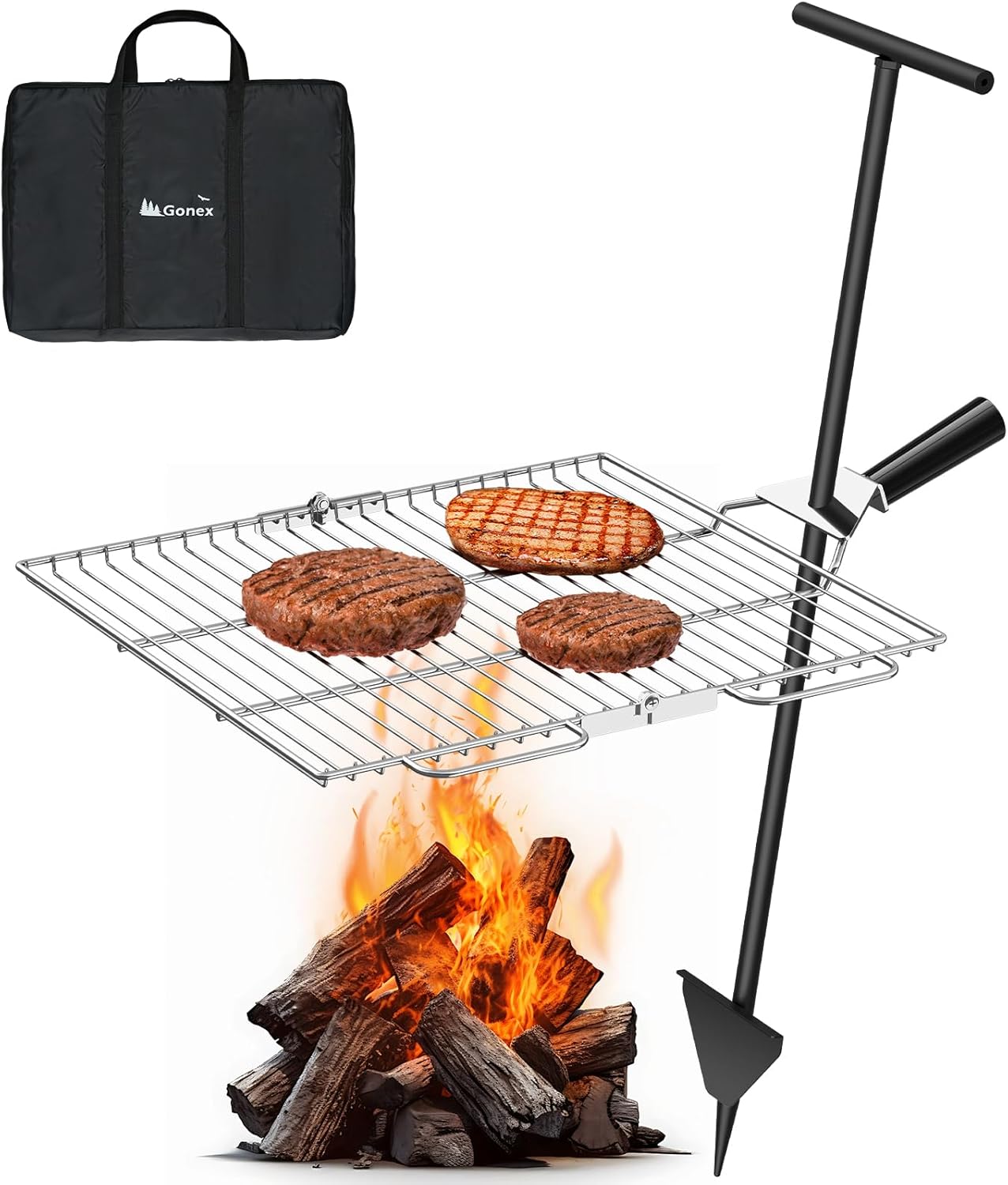 Gonex Portable Campfire Grill Grate for Fire Pit Foldable Stainless Steel Grill Height Adjustable Camping Cooking Equipment for RV Outdoor Backyard BBQ Courtyard 15.35″x18.3″