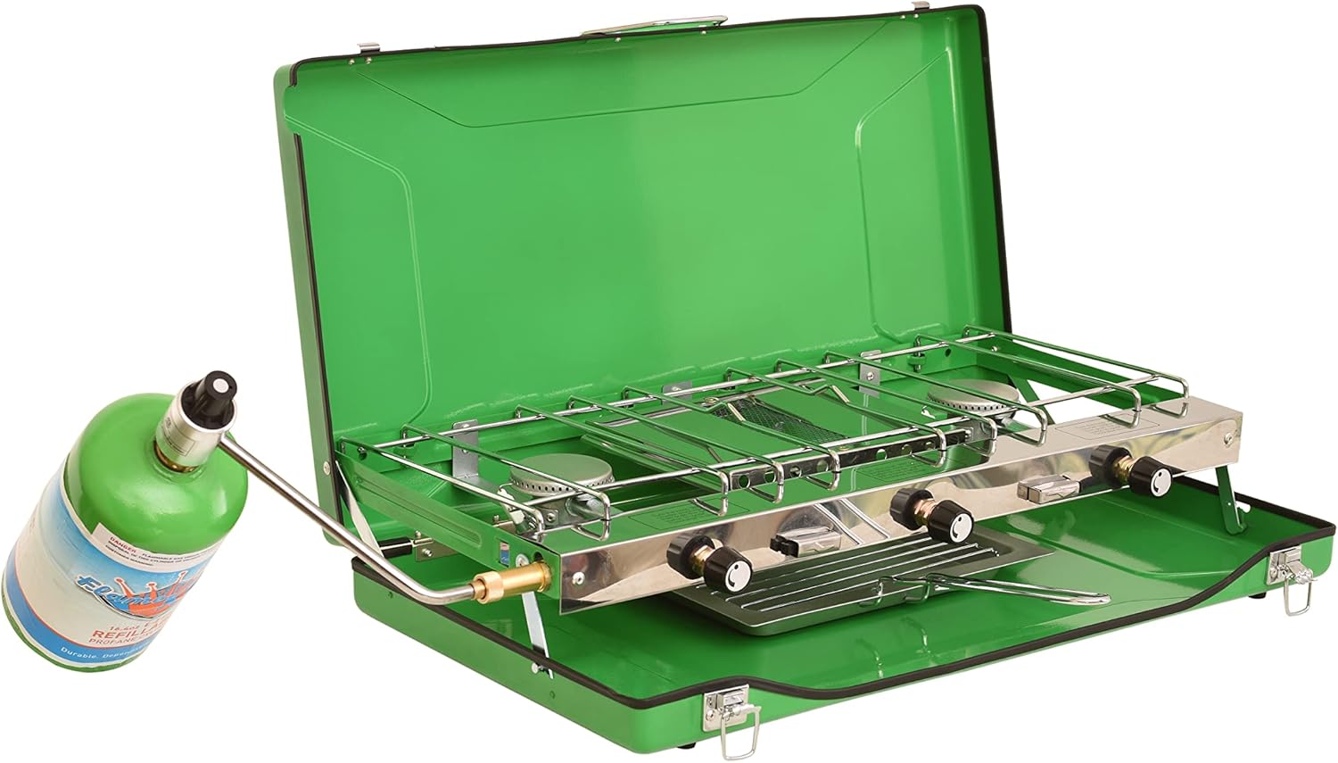 Flame King YSNBBQ-136M 3-Burner Portable Camping Stove Grill w/Toast Tray, Great for Outdoor Cooking, Backpacking, Hiking, & Emergency, Compatible with 1LB Propane Gas Bottle