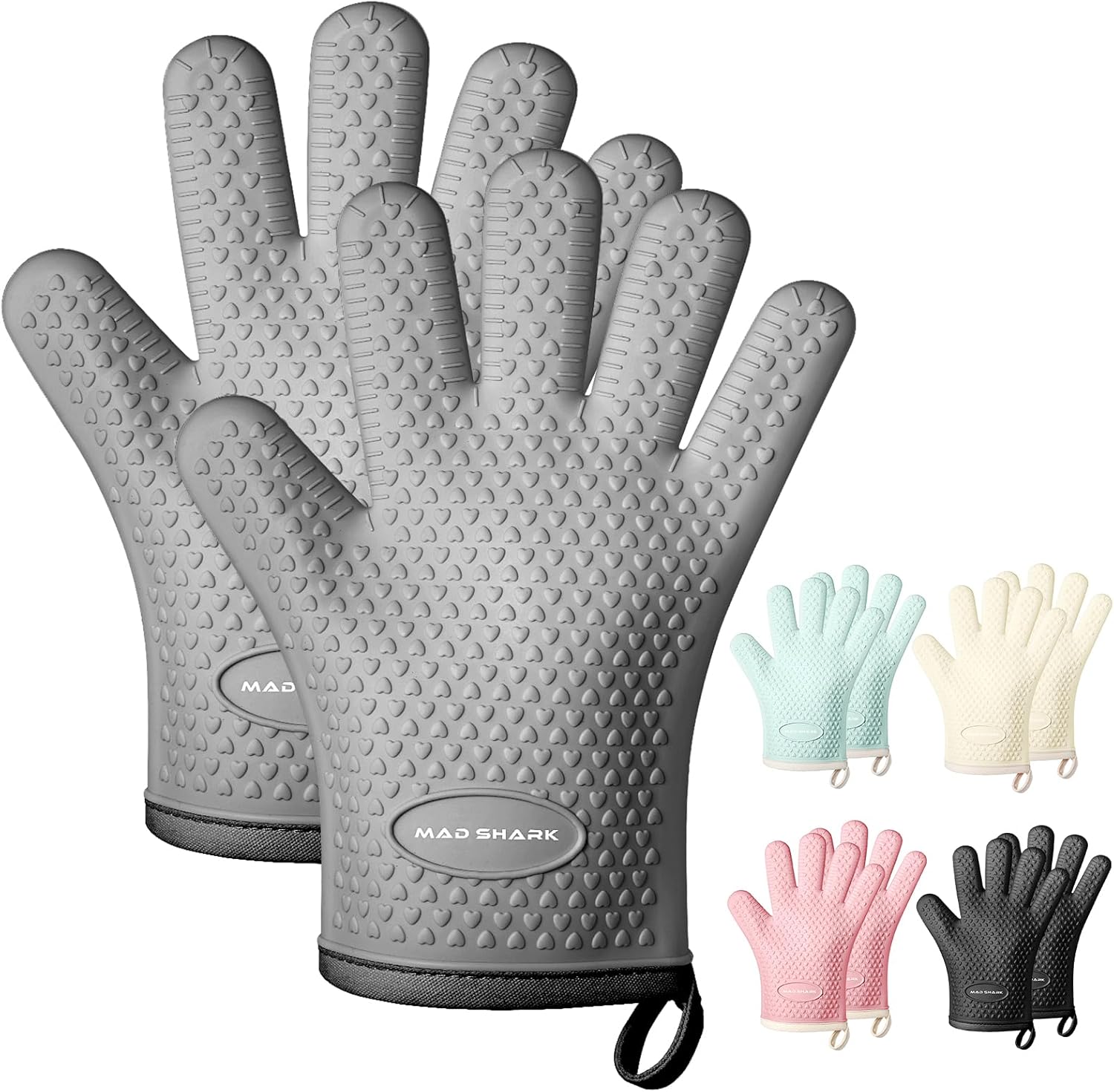 MAD SHARK Silicone Oven Mitts Heat Resistant 450°F,Waterproof & Non-Slip Oven Gloves with Fingers,Cotton Lined Silicone Oven Gloves Kitchen Mitts for Baking Cooking Barbecue,Women,Oven (GREY1)