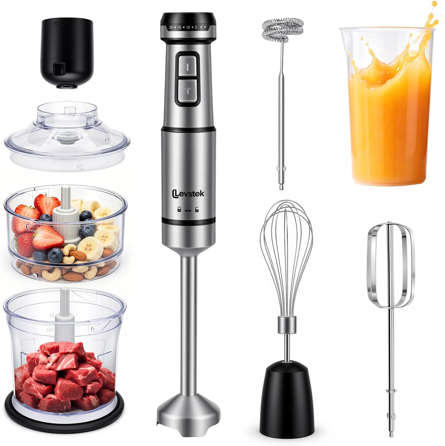 Immersion Hand Blender Set, 1200W 20-Speed Stainless Steel Stick Blender with 7 Accessories, 500ml & 200ml Chopper Cups, Milk Frother, Egg Beater, for Smoothies, Soups Kitchen Essential