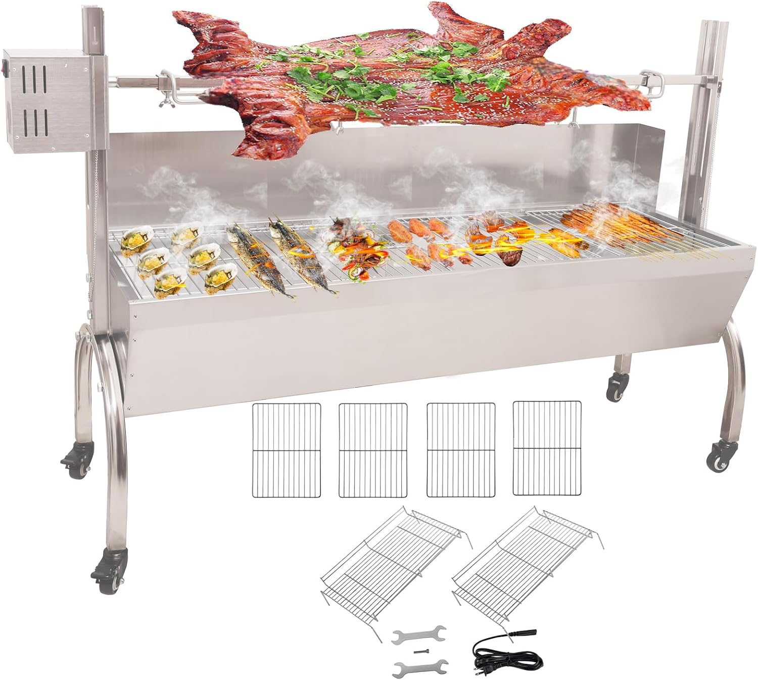 DEWOSEN 50W Rotisserie Grill With Wind Screen – 51 Inch BBQ Outdoor Pig & Lamb Spit Roaster – 132LBS/60KG Stainless Steel Charcoal Spit Rotisserie Grill for Camping & Outdoor Barbecue