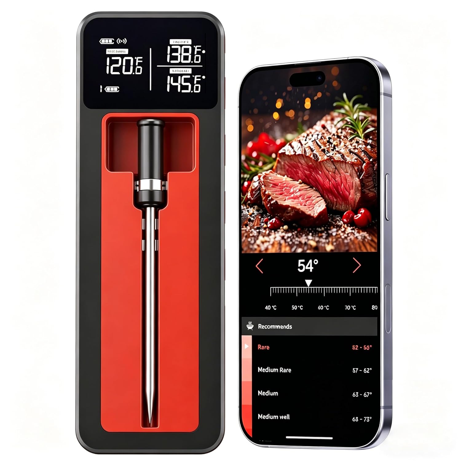 Smart Wireless Meat Thermometer IP67 Ultra-Thin Probe ±0.5℉ Accuracy Bluetooth 230ft Real-Time Monitoring & Smart Alerts with APP Standalone Display Base for BBQ, Oven, Kitchen,Grill,Smoker