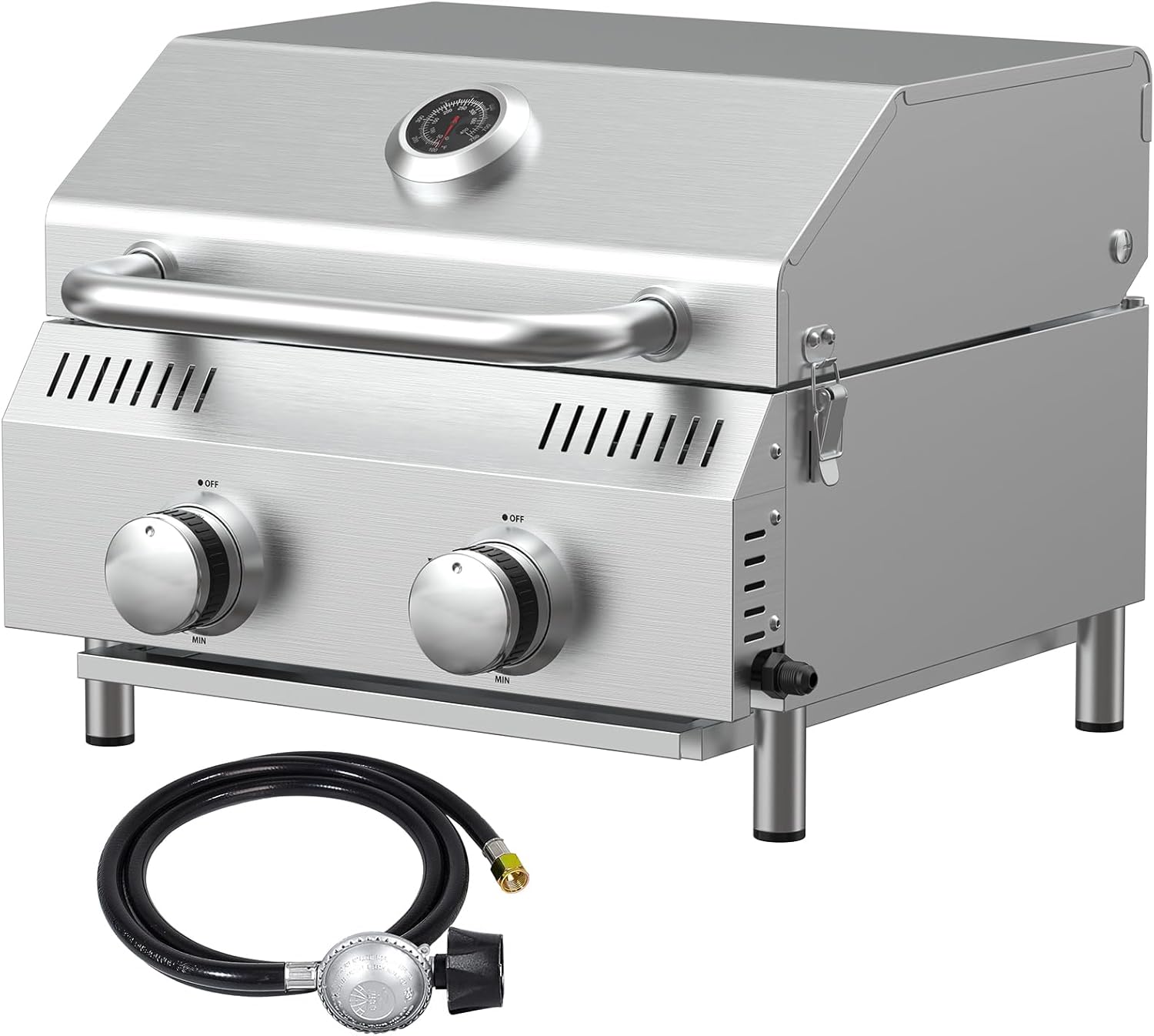 Bestfire Tabletop 2-Burner Gas Grill, 20,000 BTU Stainless Steel Portable Propane Grill, Removable Legs, Push-Button Ignition, Thermometer, for Outdoor Patio, Camping, Tailgating & RV
