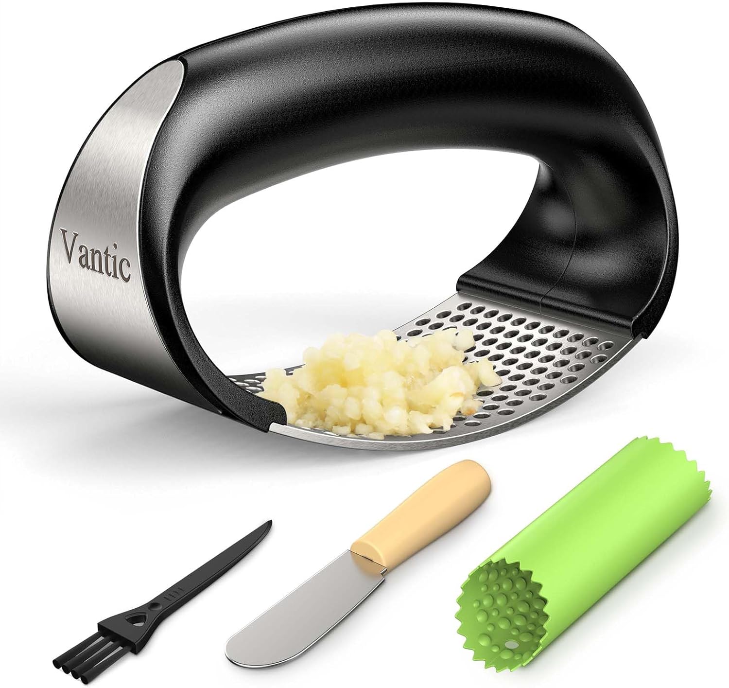 Vantic Garlic Press Rocker – Stainless Steel Garlic Crusher, Mincer and Chopper with Peeler & Scraper, Easy Kitchen Gadget for Effortless Smashing