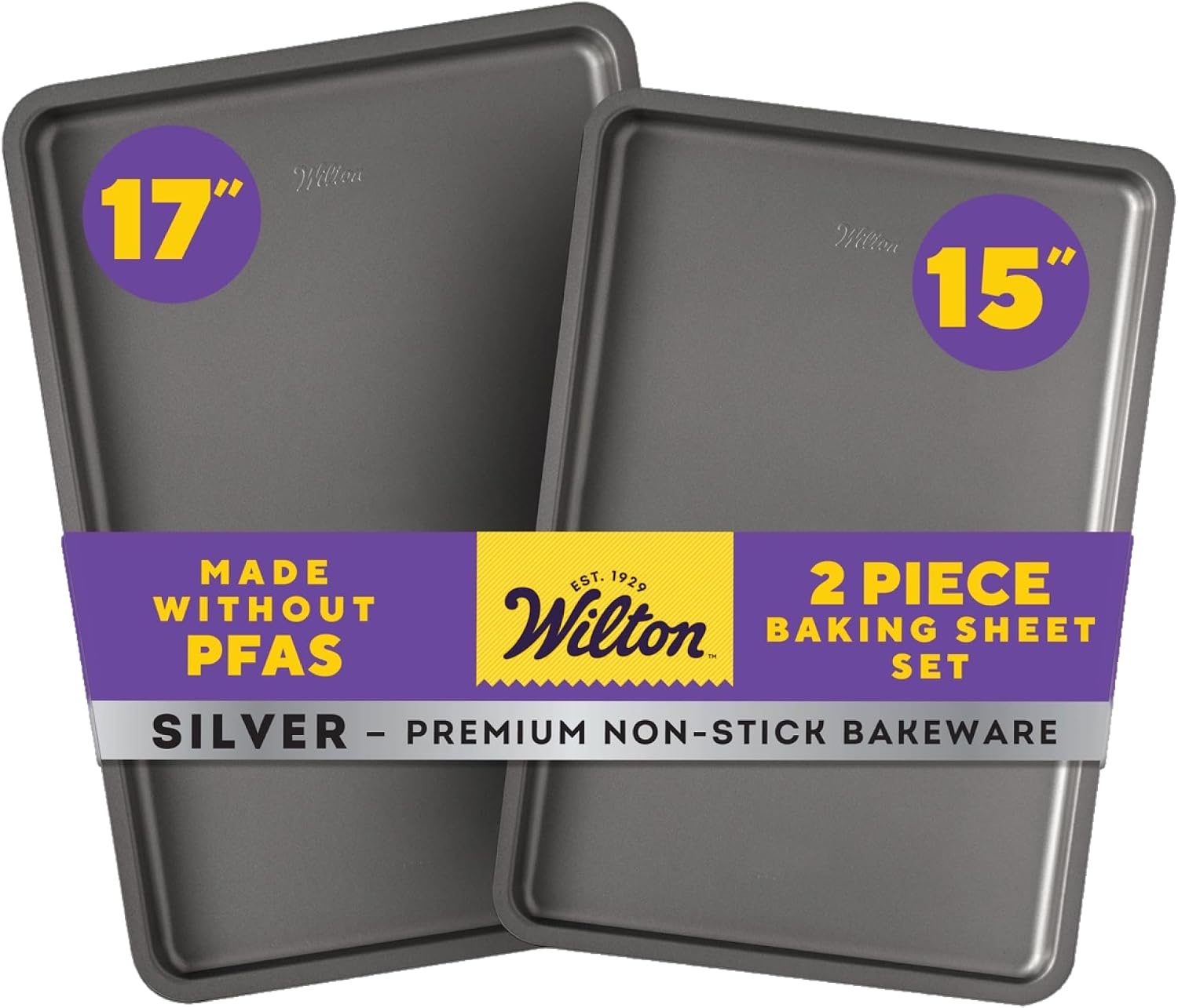 Wilton Silver 2- Piece Non-Stick Baking Sheet Set, Cold-Rolled Steel Bakeware for Baking and Roasting, Made without PFAS