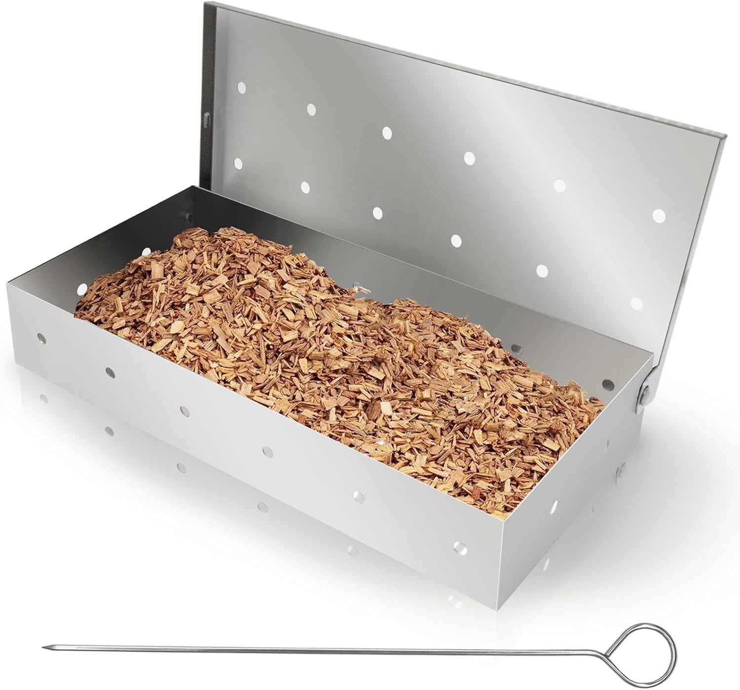 BBQ Grill Smoker Box Smoker Boxes for Gas Grilling Wood Chip Smoker Box Stainless Steel Smoking Box with BBQ Skewer, for Barbecue, Grill Accessories for Charcoal and Gas Grill