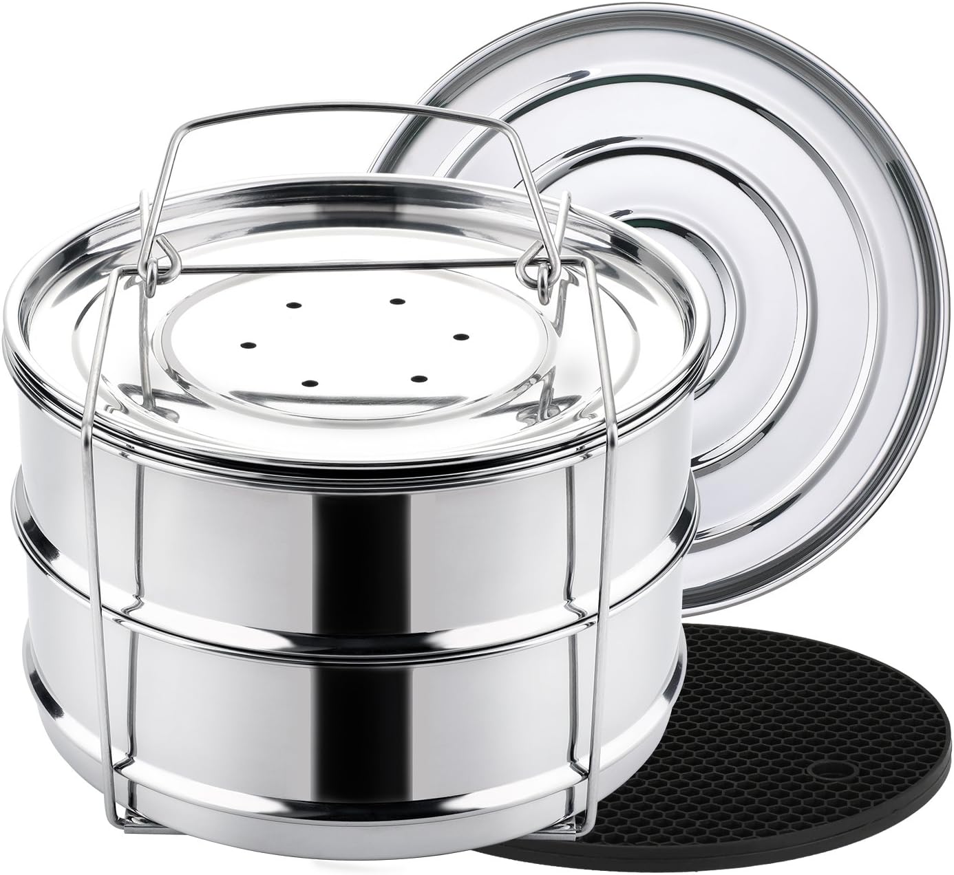 Aozita Stackable Steamer Insert Pans with Sling for Instant Pot Accessories 6/8 qt – Pot in Pot, Baking, Casseroles, Lasagna Pans, Food Steamer for Pressure Cooker, Upgrade Interchangeable Lids