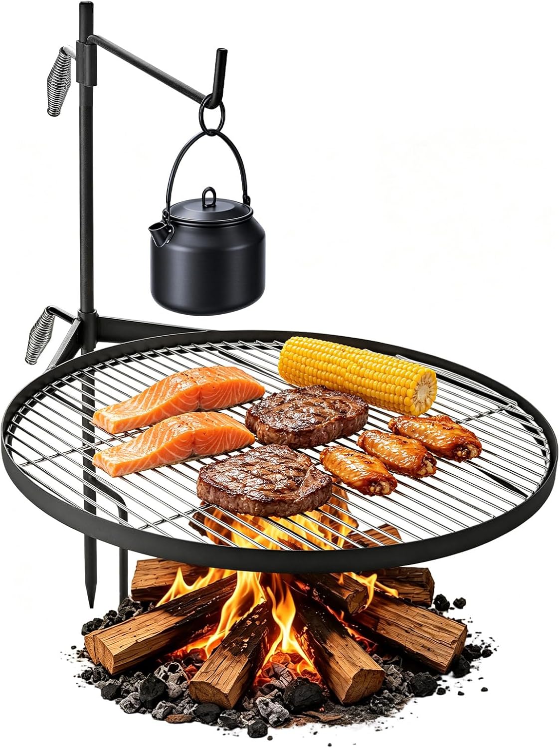 VEVOR Heavy Duty Swivel Campfire Grill, 24.4″ Round Portable Camping Grill Grate, Sturdy Steel BBQ Mesh, 360° Height Adjustable Over Fire Pit with Support Rod, for Outdoor Open Flame Cooking, Black