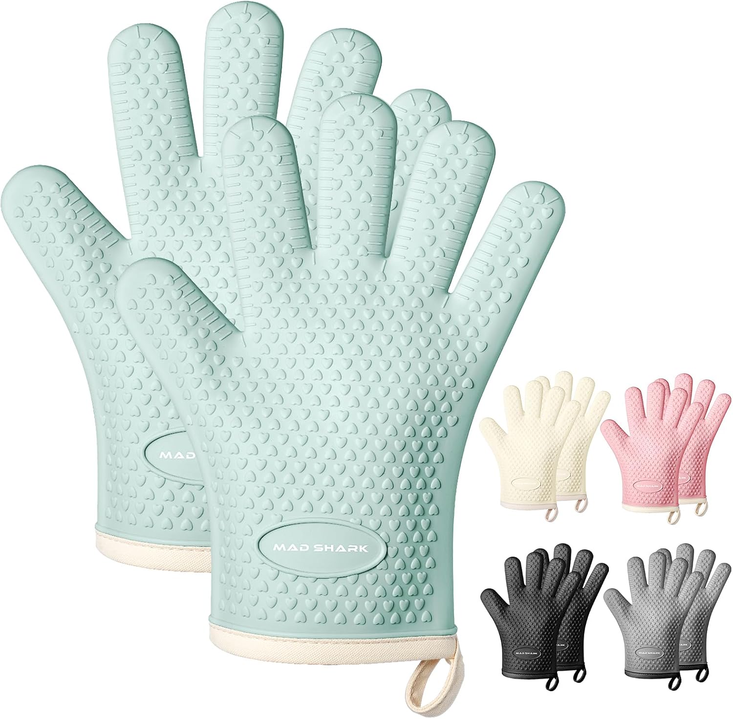 MAD SHARK Silicone Oven Mitts Heat Resistant 450°F,Waterproof & Non-Slip Oven Gloves with Fingers,Cotton Lined Silicone Oven Gloves Kitchen Mitts for Baking Cooking Barbecue,Women (Green)