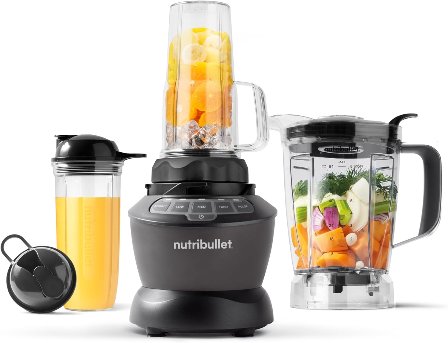 Nutribullet Full-Size Blender Combo, Single-Serve & Large Capacity, 1200W, 64oz Pitcher, 32oz Cup, Extractor Blade, 3-Speed, Pulse, Smoothies, Soups, Sauces, Easy Cleaning, Dark Gray, NBF50500
