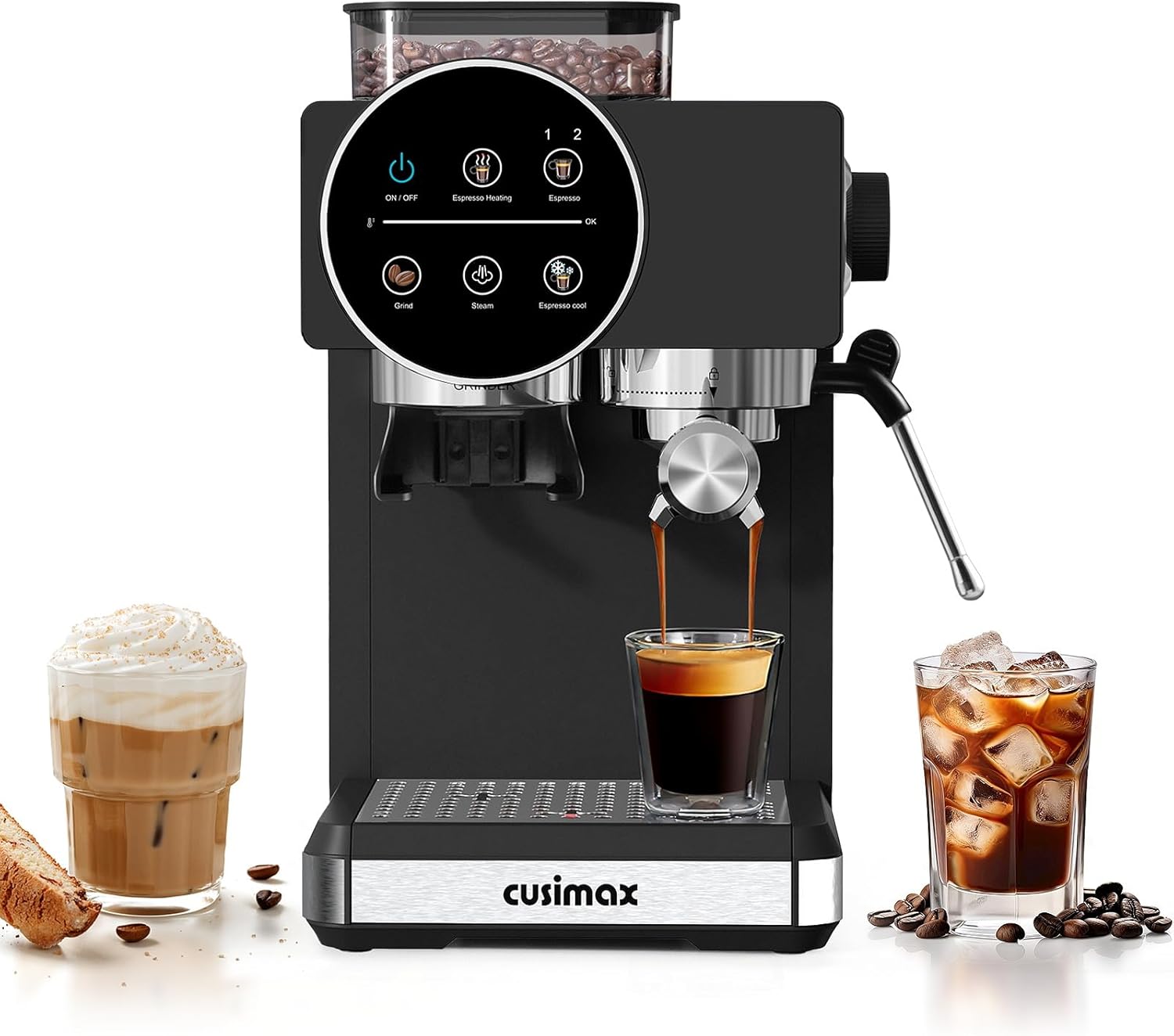 Espresso Machine with Grinder, 20 Bar Professional Expresso Coffee Machines with Milk Frother Steam Wand, Espresso Maker with 60oz Removable Water Tank, Cappuccino & Latte Machine for Home (Black)