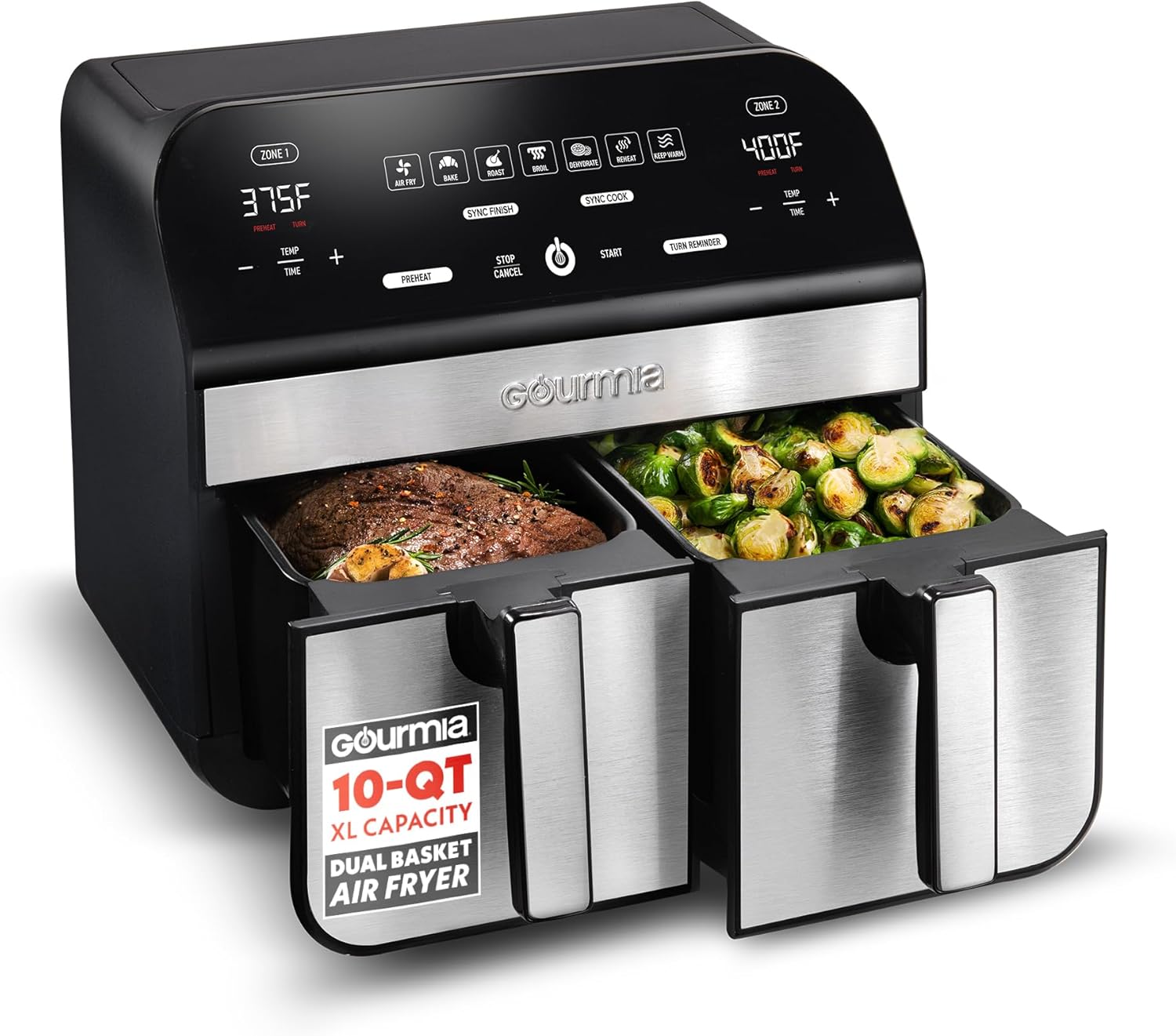 Gourmia Dual Basket Air Fryer – 10 Qt Large Capacity, FryForce360º, Digital Display with 7 Presets, Roast, Bake, Broil, Dehydrate, Match Cook, Sync Finish, Dishwasher Safe Accessories, Black