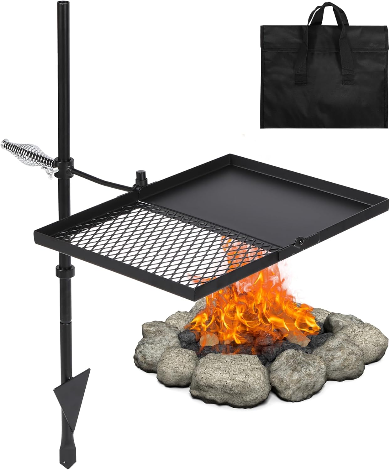 Swivel Campfire Grill Grate and Griddle, Adjustable Fire Pit Grill Grate Over Fire Pit, Camp Fire Cooking Grate with Carrying Bag for Outdoor Camping BBQ, Rectangle Black