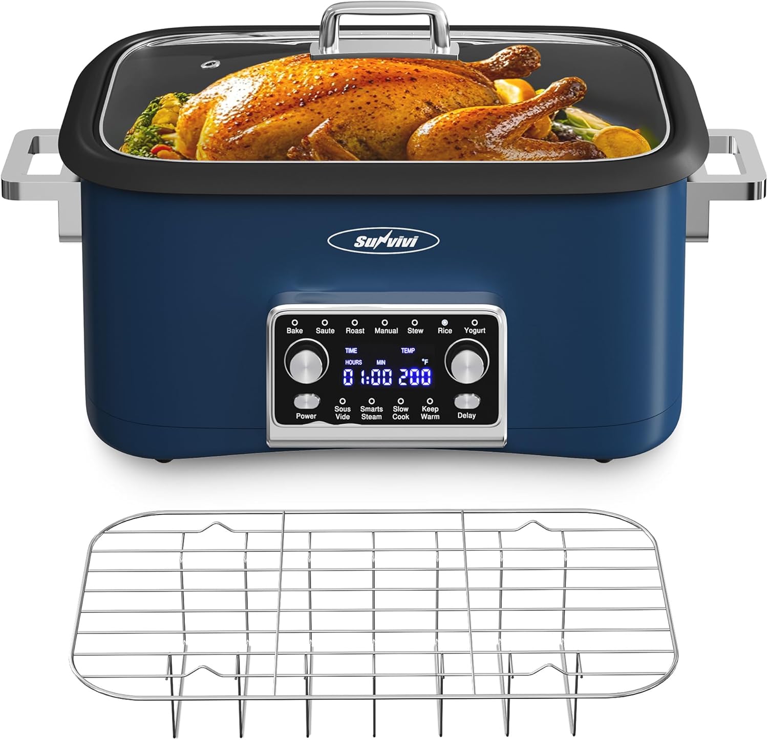 12-in-1 Programmable Slow Cooker Roaster Oven, 8 Quart Digital Multi-Cooker Food Warmer with Timer, Temp Control & Auto Shut Off, Removable Non-Stick Pot, Dishwasher-Safe Glass Lid, Blue