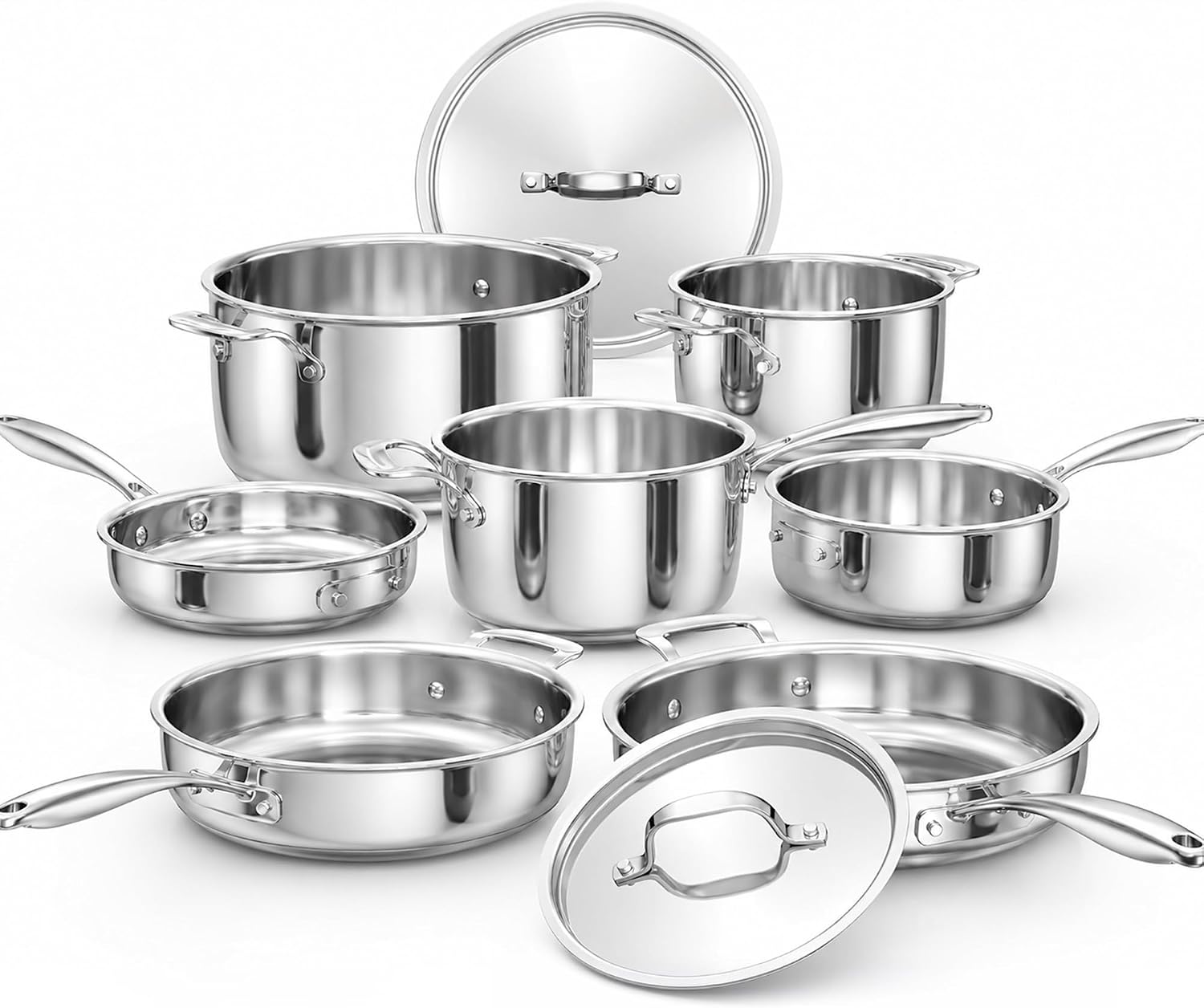 Nuwave Pro-Smart 9-Piece Premium Stainless Steel Cookware Set, Heavy-Duty 3.1mm Tri-Ply Clad, Space-Saving Nestable Design, Oven Safe 575°F, Induction Ready Pots and Pans, 31599V03