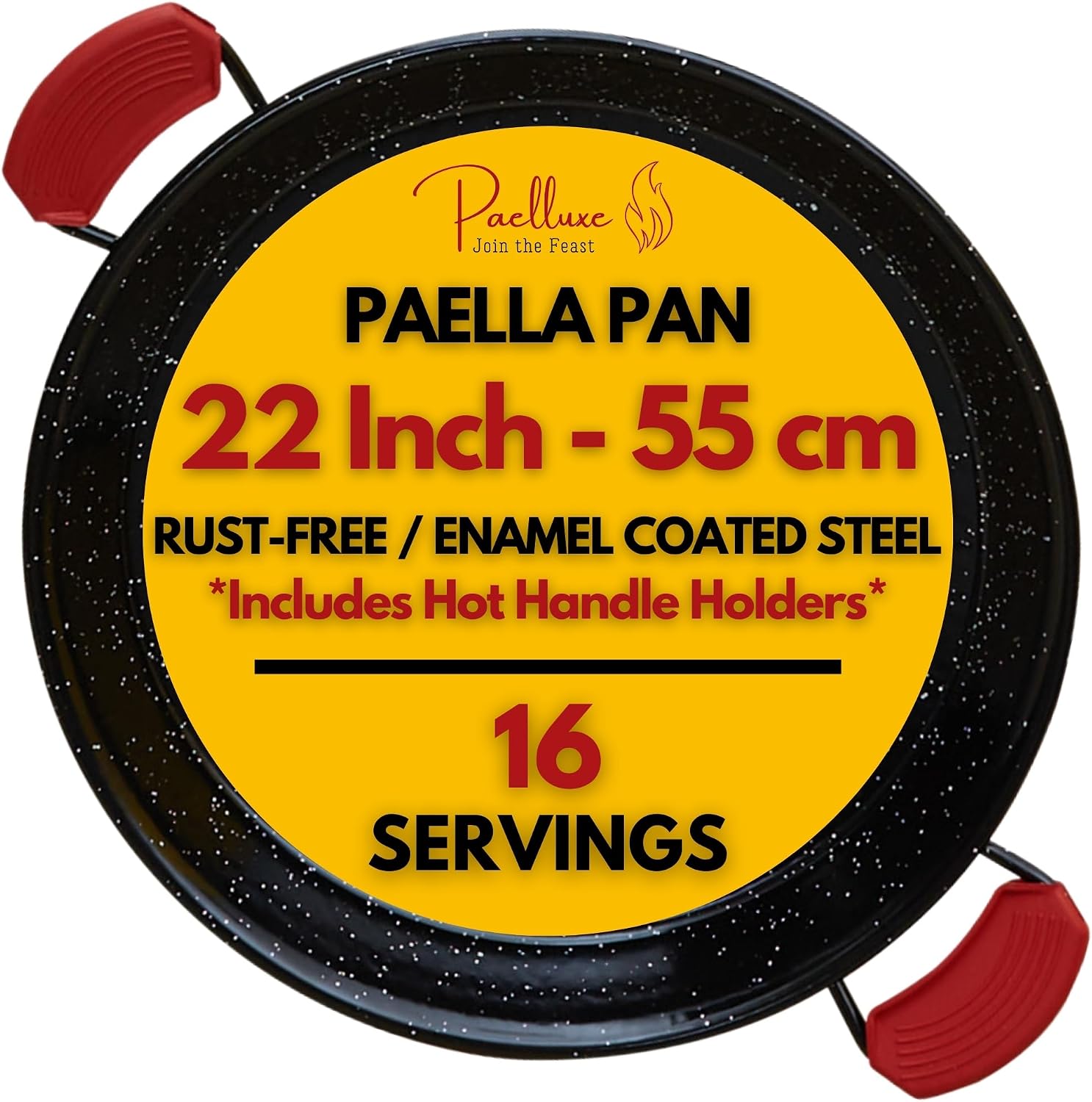 Paelluxe Paella Pan – Enamelled, No-Rust Steel Skillet – Easy-to-Clean Pan for Propane & Gas Burners – Indoor & Outdoor Cooking Cacerola Paellera Sarten – 22 Inch, for 16 Servings