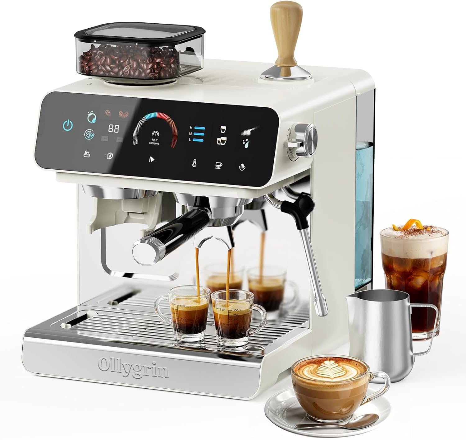 Ollygrin Semi-Automatic Espresso Machine with Grinder, 2-in-1 Coffee Machiner with Milk Frother, 20 Bar Pressure Coffee Maker, Removable Water Tank & Bean Hopper, Expresso Machine for Home Barista