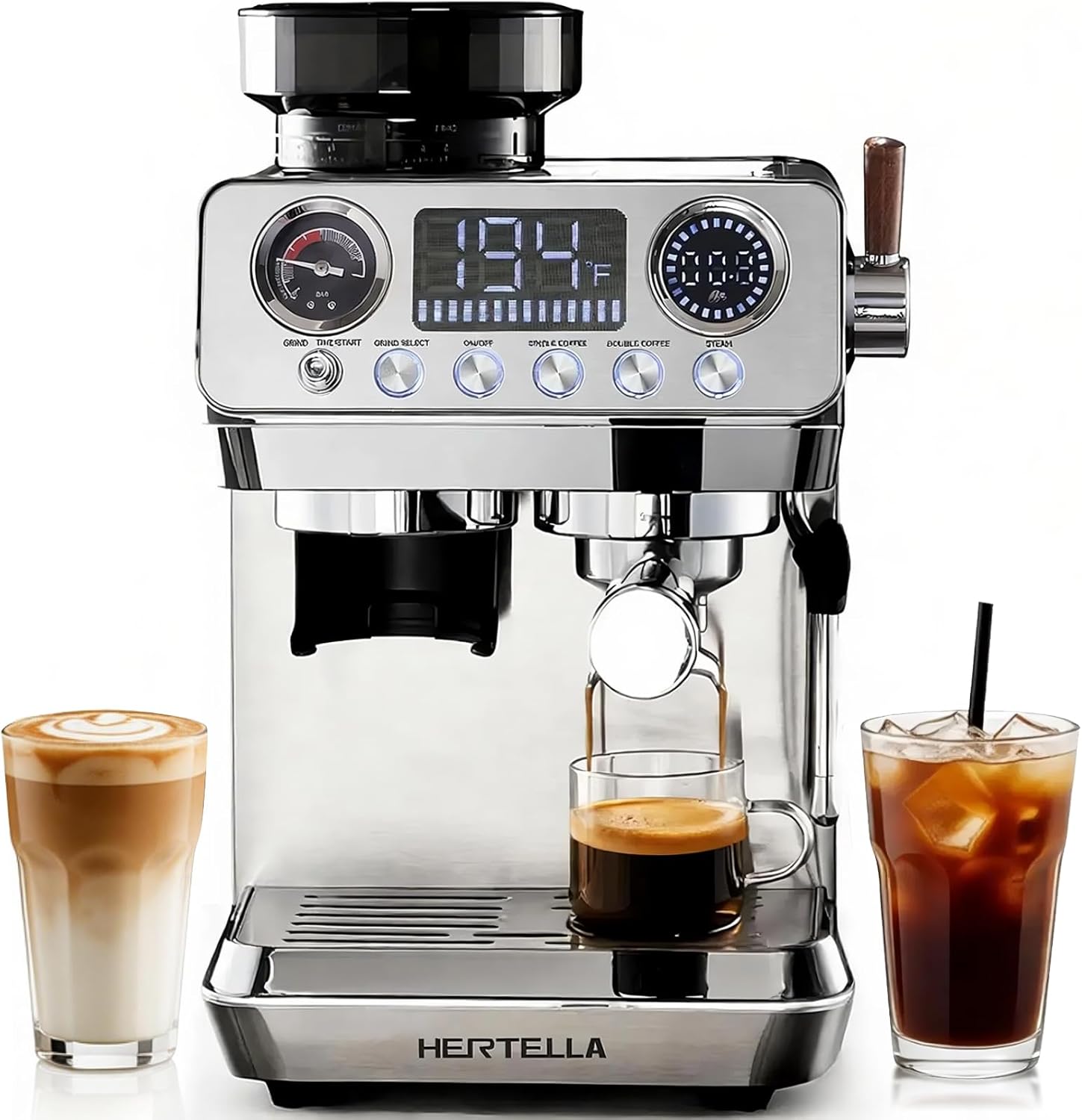 HERTELLA Espresso Machine with Burr Grinder, 20 Bar Visual Pressure Gauge, Milk Frother Steam Wand, Stainless Steel, 4 Temperature Modes (Hot and Cold Brew), Automatic Pressure Release Function