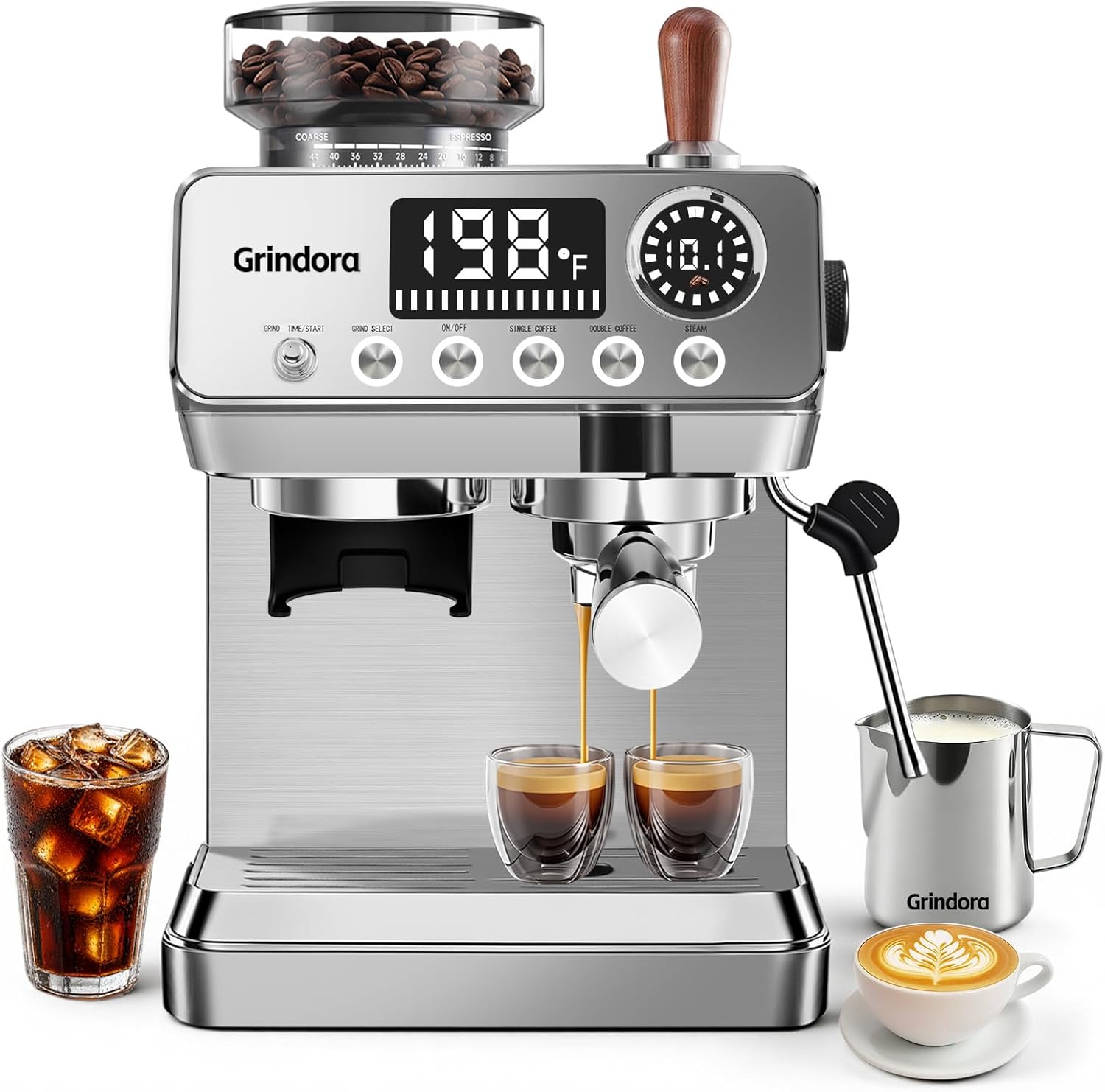 Espresso Machine with Grinder, 20 Bar Stainless Steel Espresso Coffee Machine, 44 Grind Settings, 0.1s Precision Timer, PID Control, Milk Frother for Latte, Cappuccino, Americano & Cold Brew