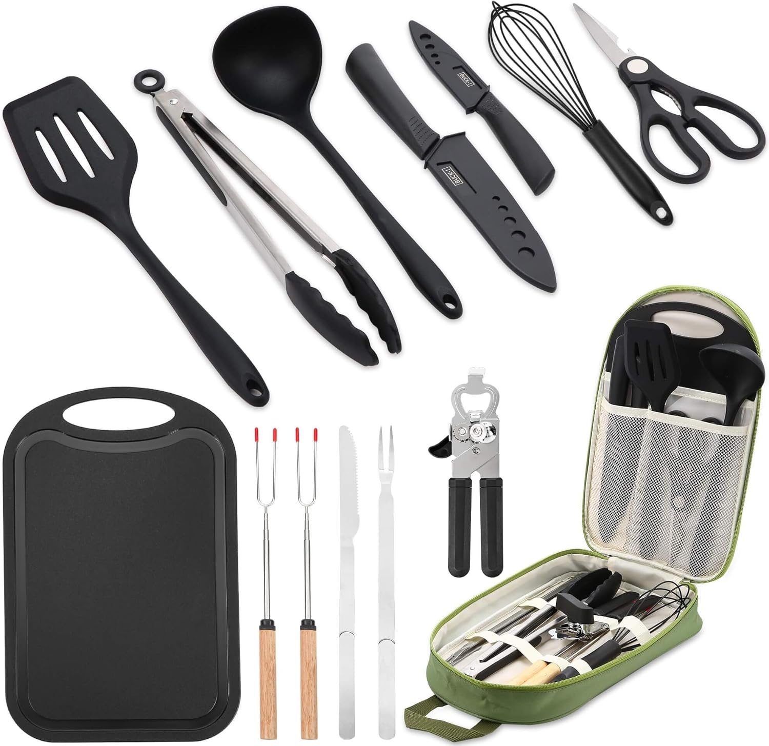 Wesqunie Camping Essentials Cookware Cooking Utensils Set – Portable Camp Kitchen Mess Kit Outdoor Accessories, Stainless Steel & Silicone, Camping Gear Equipment for RV Picnic Grill, 14PCS Green