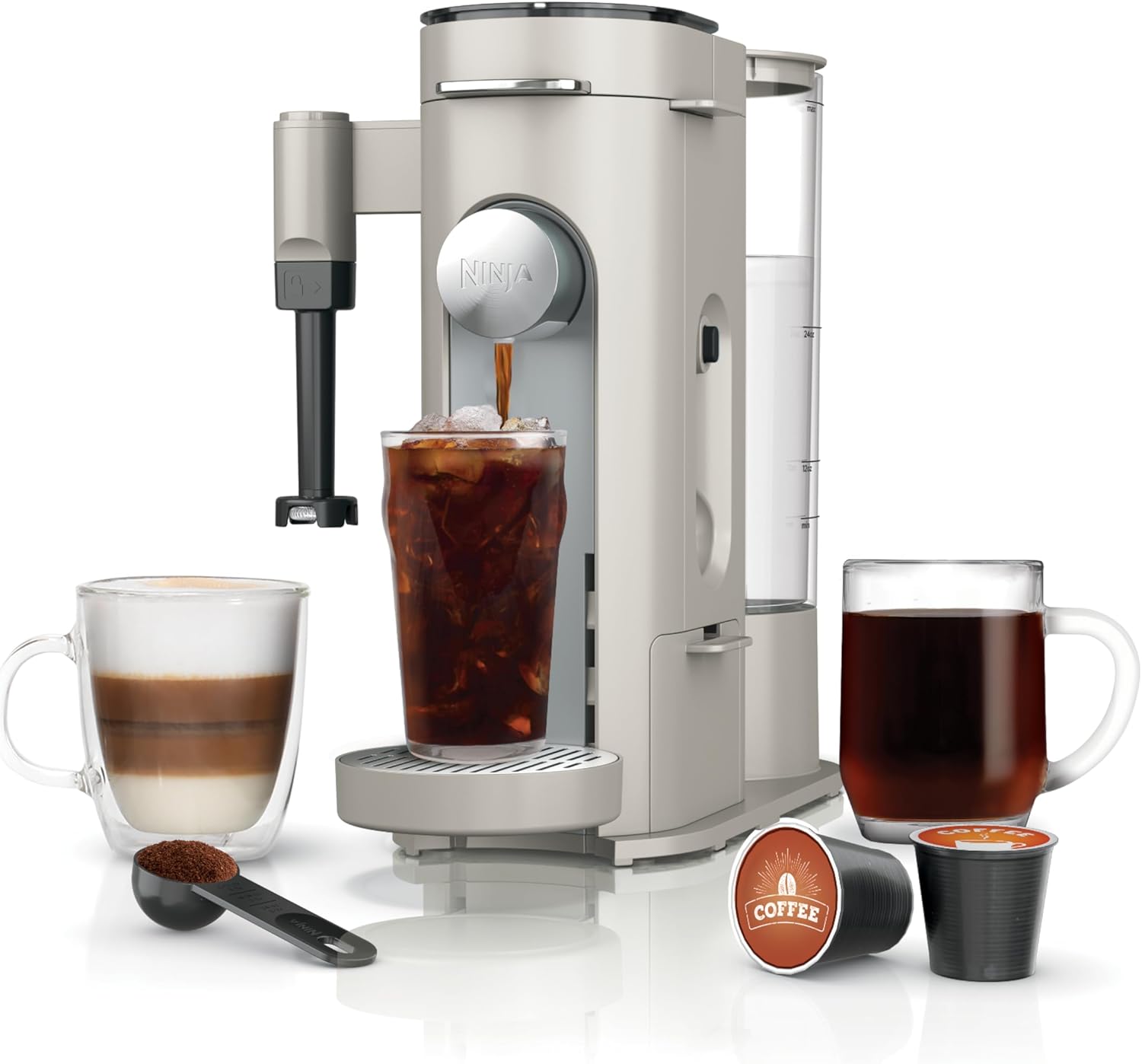 Ninja Pod and Grounds Specialty Single Serve Coffee Maker, K-Cup Pod Compatible, Brews, Compact Design, Built-in Milk Frother, 56 Ounces Reservoir, 6 Ounces Cup to 24 Ounces Mug Sizes, Stone, PB051ST