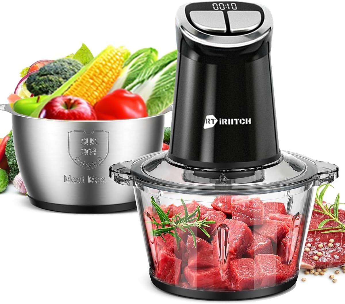 IRIITCH Food Processor with LED Timer, 800W Electric Chopper with 2 Bowls (12-cups Glass Bowl+12 cups Stainless Steel Bowl), 2 Set 6 Bi-Level S-Blades, Meat Grinder for Nuts, Onion, Garlic, Baby Food