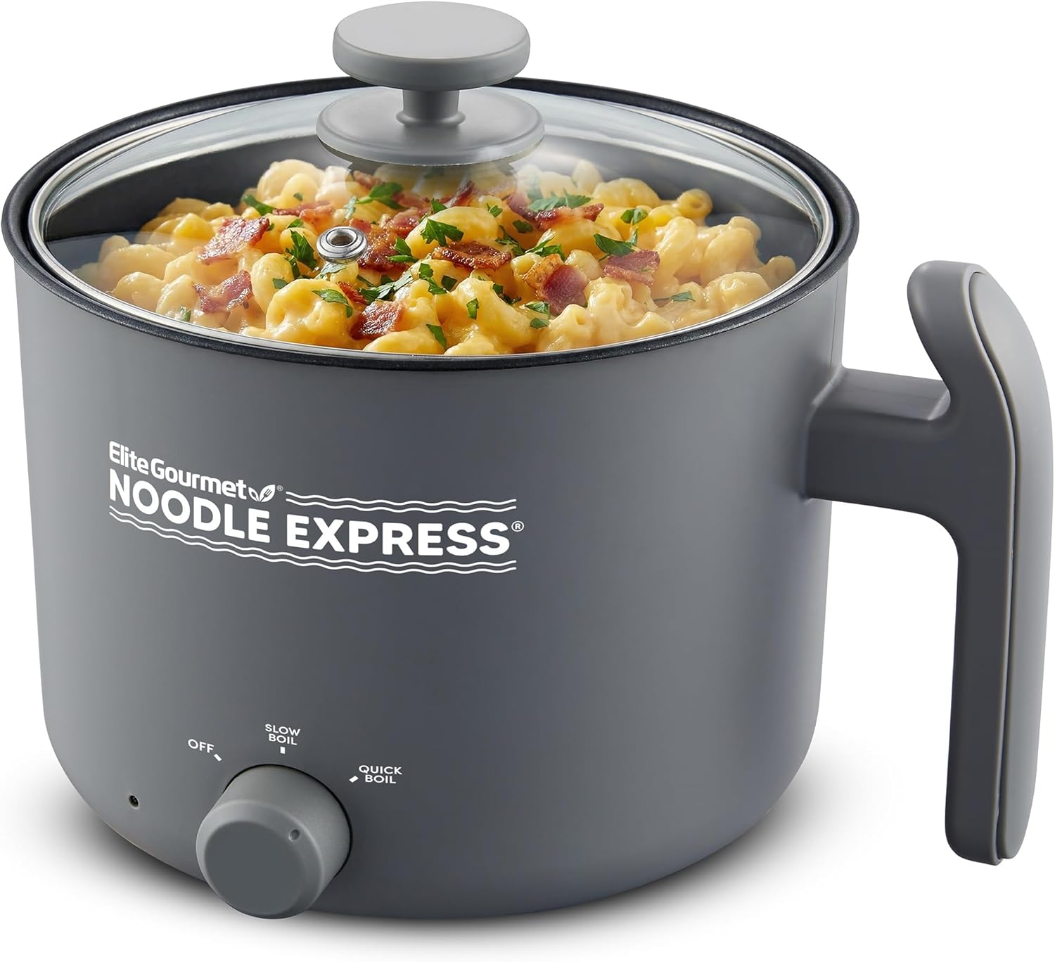 Elite Gourmet NOODLE EXPRESS Electric Hot Pot, Prepare Noodles, Soups, Stews, Cool-touch Handle, Ceralast™ PFAS-Free Ceramic Non-stick, Tempered Glass Lid, 2 Heat Settings-High/Low, Grey