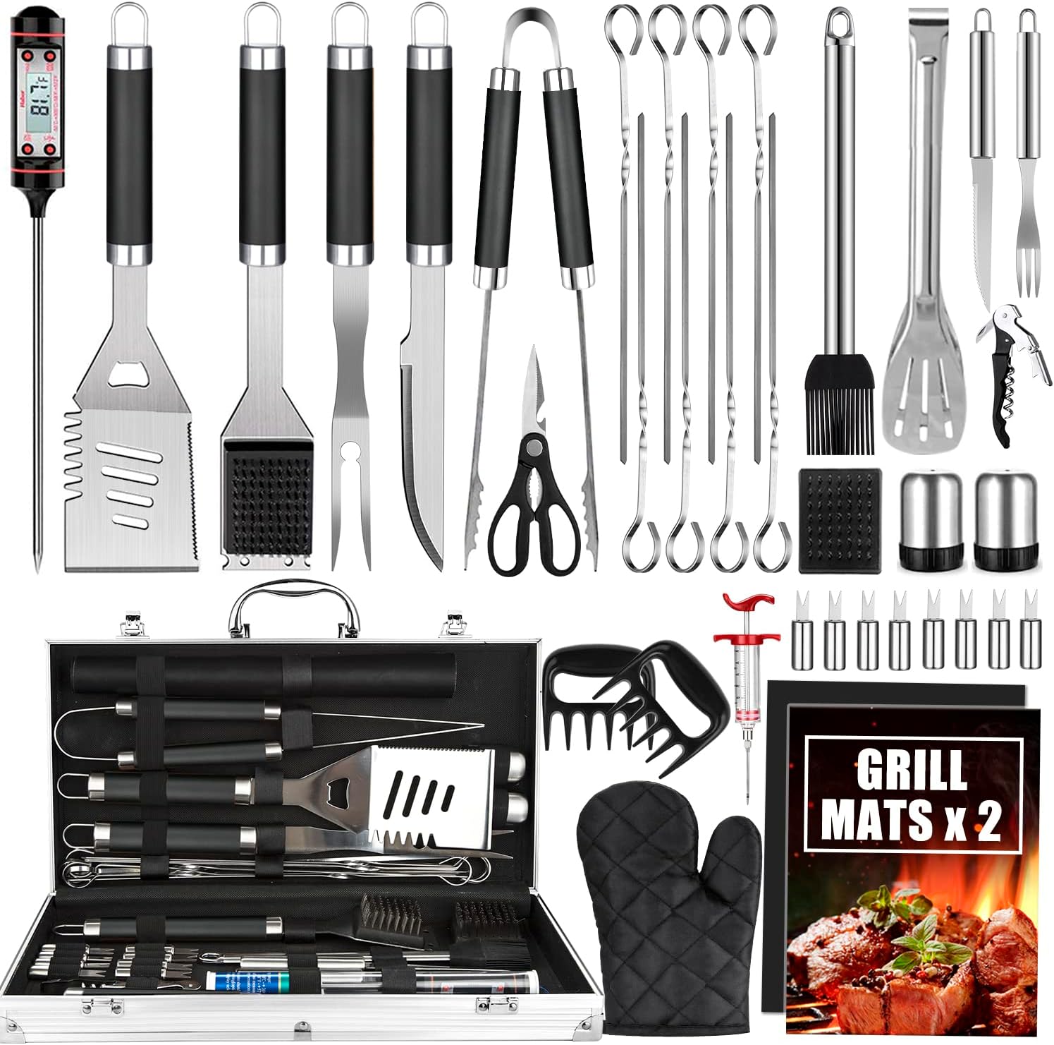 Cifaisi BBQ Grill Accessories Set, 38Pcs Stainless Steel Grill Tools Grilling Accessories with Aluminum Case, Thermometer, Grill Mats for Camping/Backyard Barbecue, Grill Utensils Set for Men Women